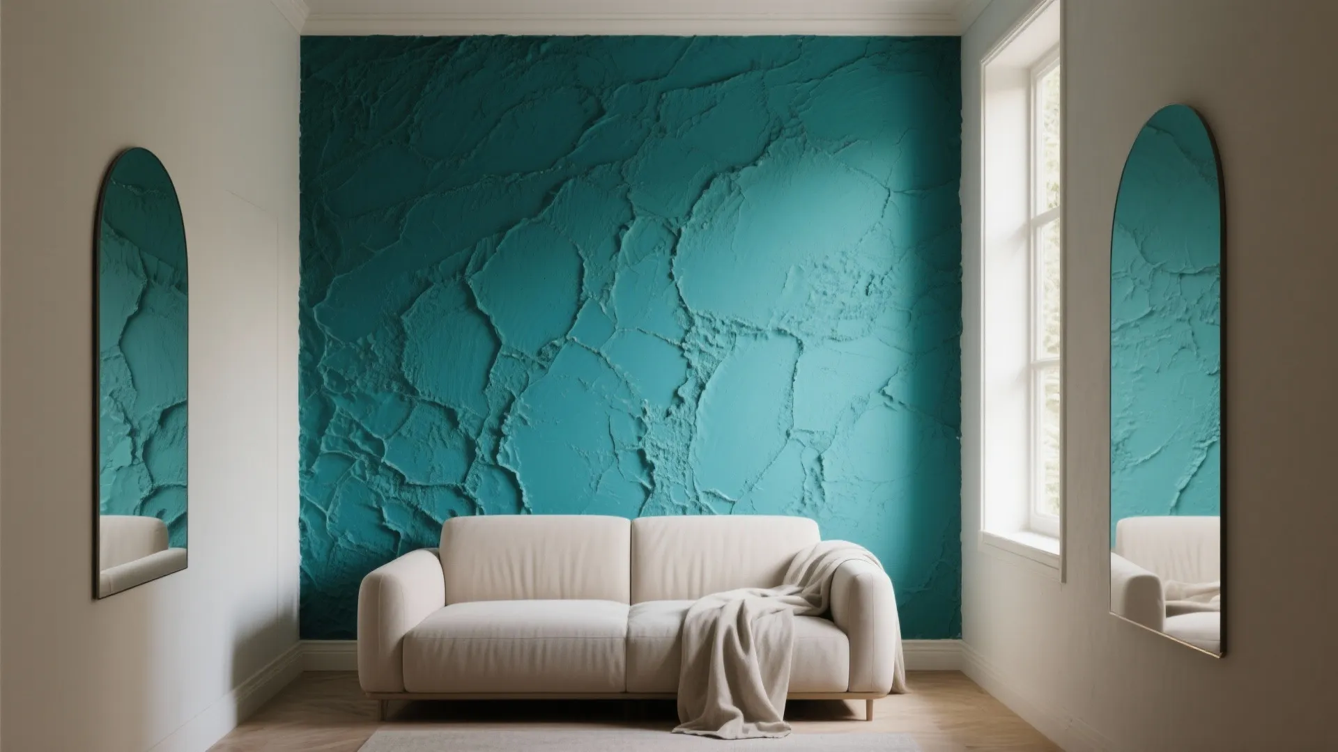 Modern living room with a white sofa and a textured blue feature wall beside arched mirrors