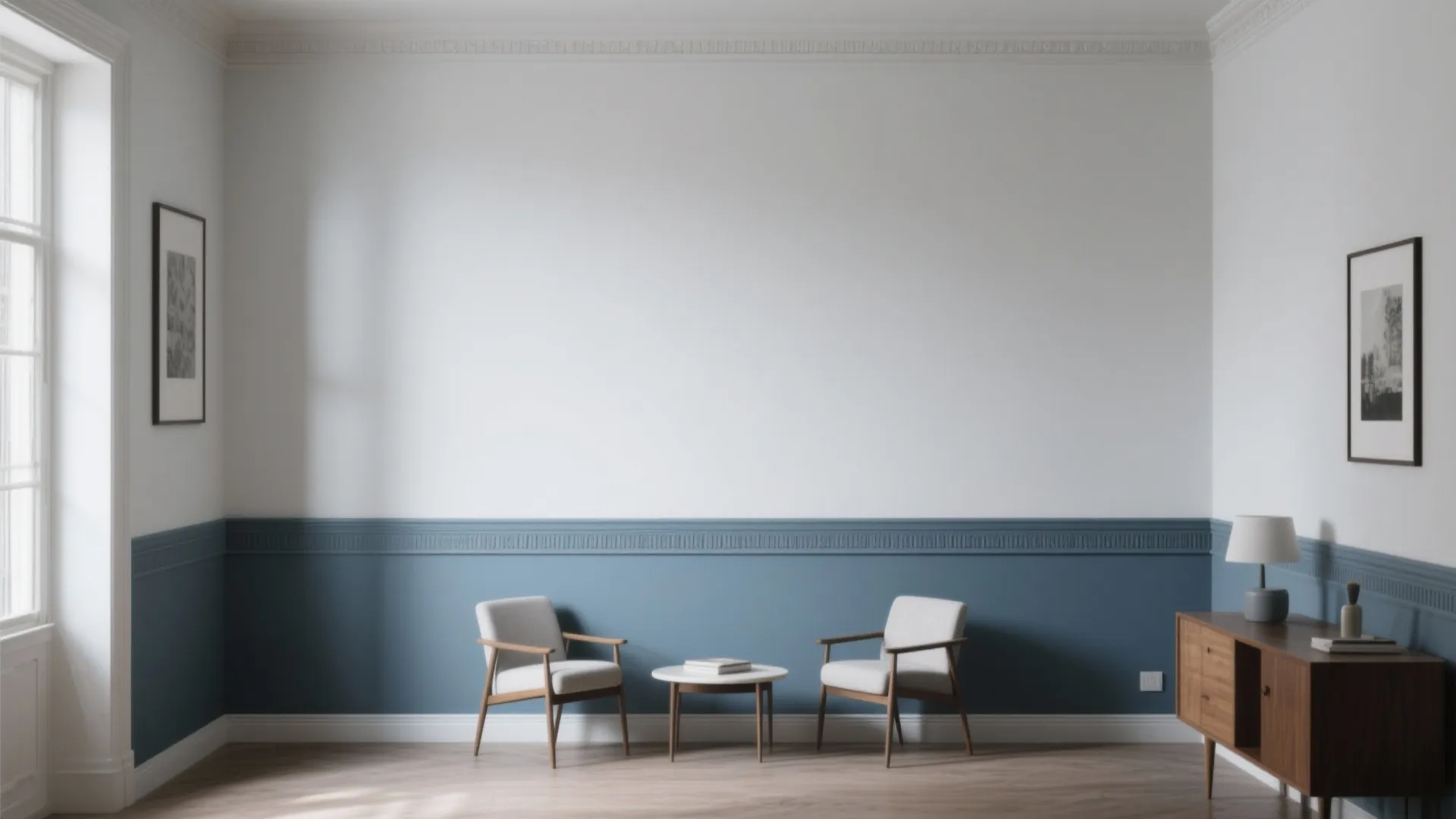 Room with two-tone walls: deep blue-grey lower half and soft white upper half with a midrail.