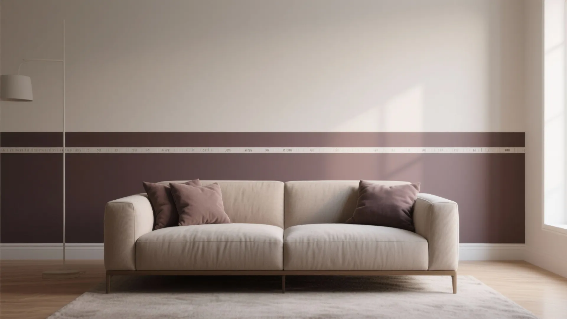 Two-tone wall with a darker lower third and lighter upper two-thirds, featuring a sofa and crisp chair rail.