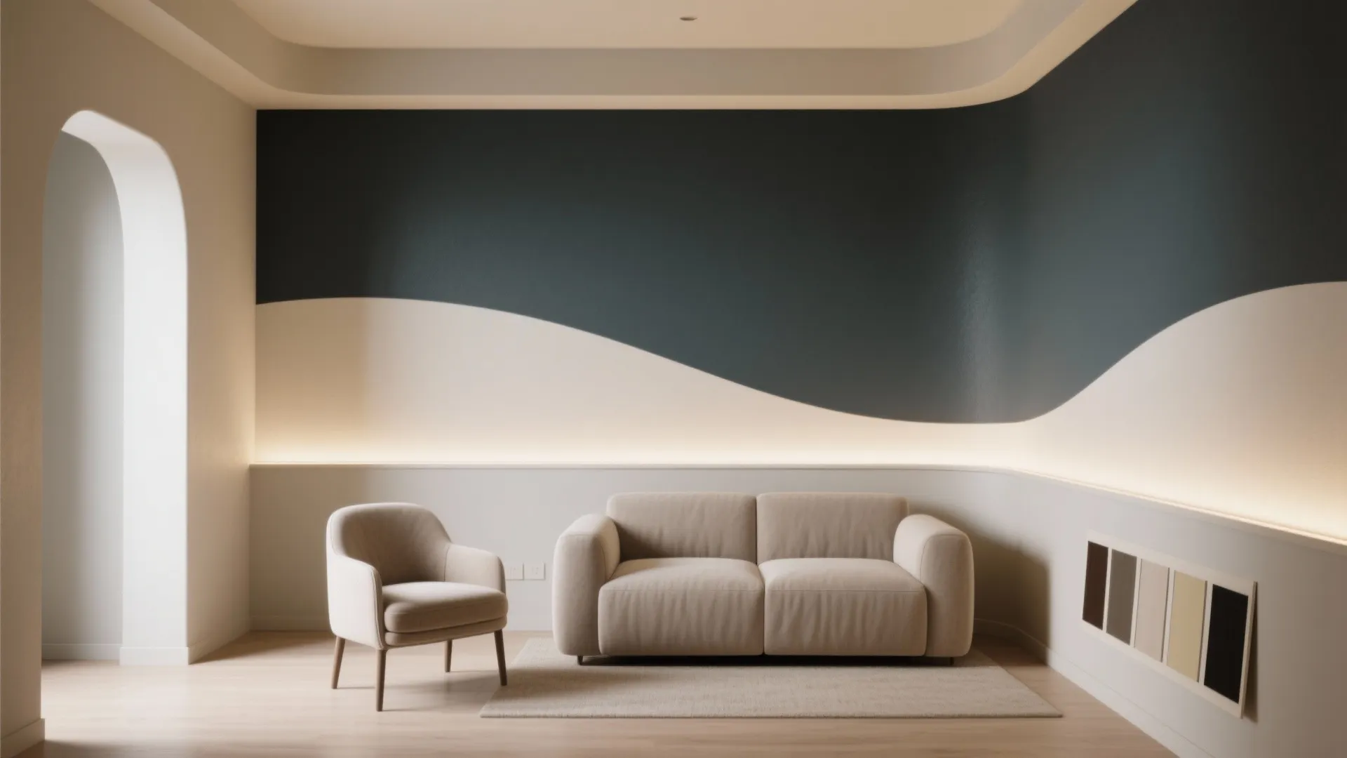 Minimalist living room with wavy wall paint beige sofa armchair and soft hidden warm lighting