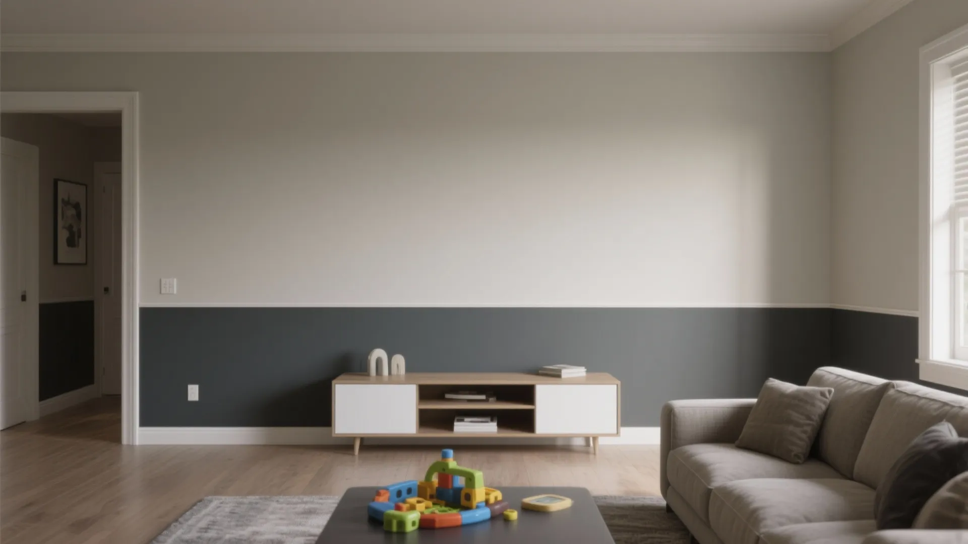 Living room with two tone wall paint wood cabinet grey sofa and toys on the floor