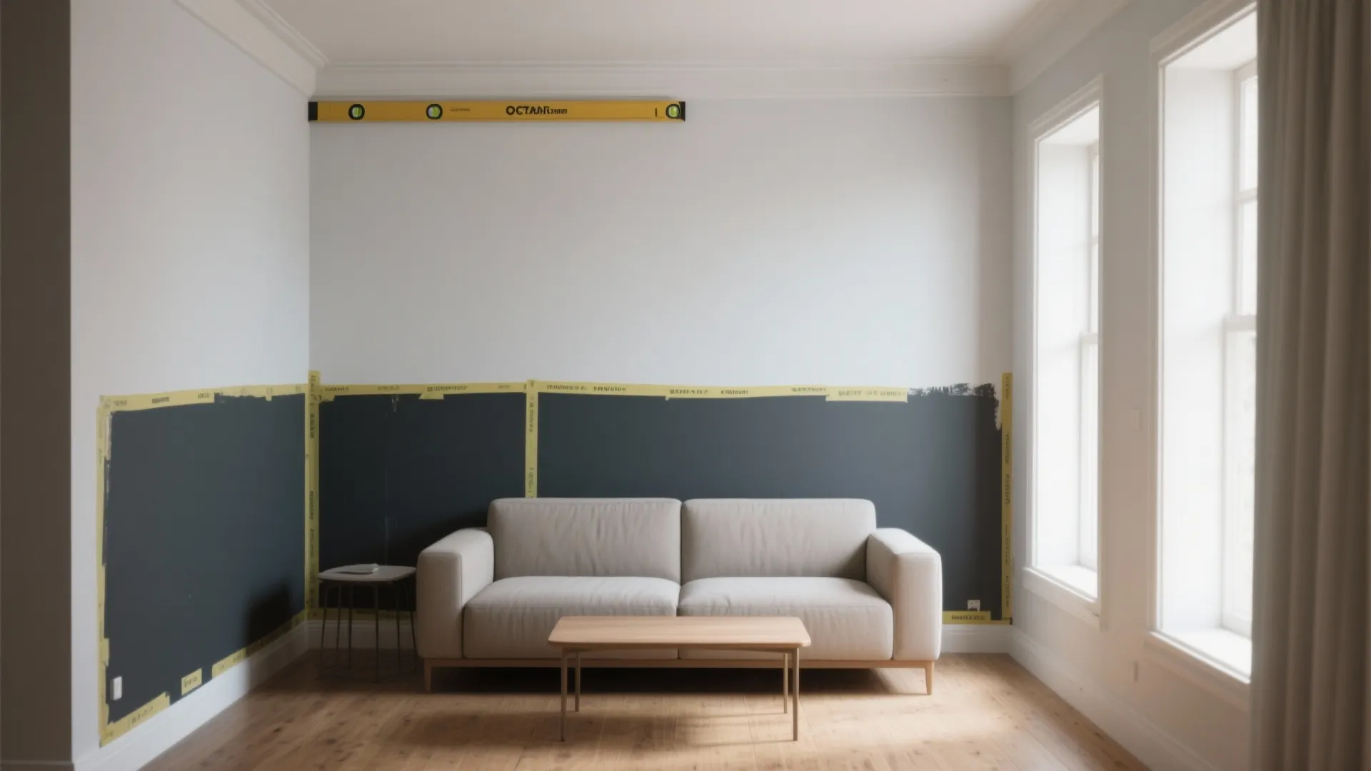 Narrow living room showing a precise two-tone horizontal wall split with painter's tape in place.