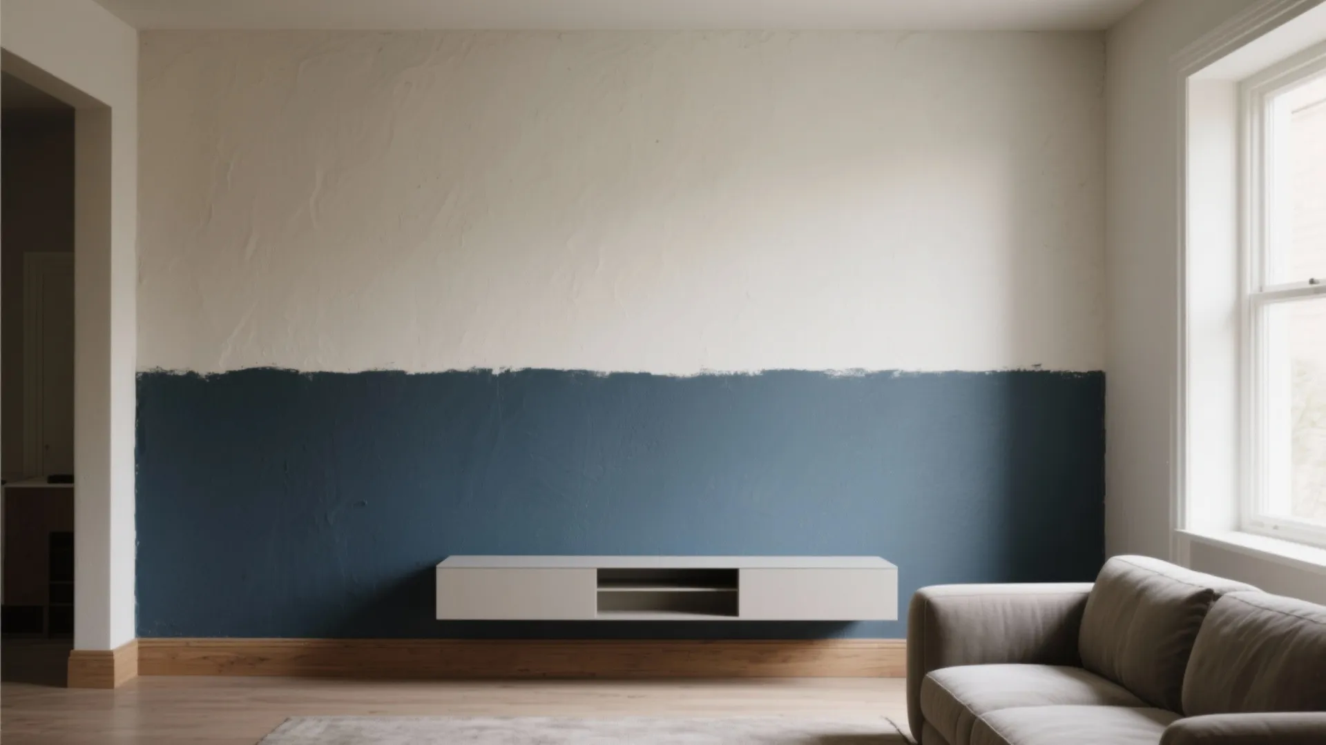 Living room with two-tone blue and white wall featuring a white floating cabinet and sofa