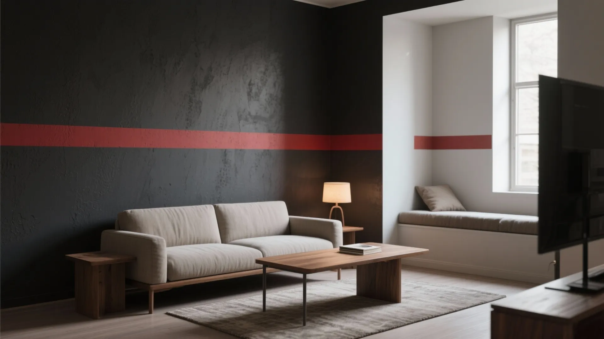 Living room with black textured wall red stripe tan sofa coffee table and window seat