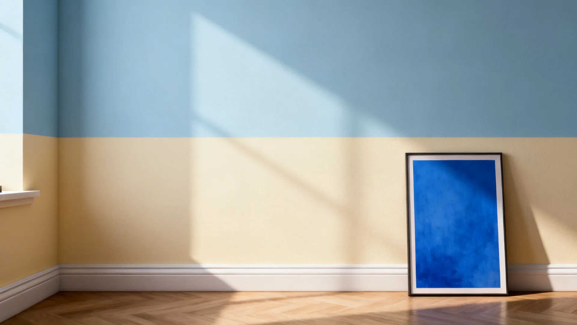 Two-tone wall with cream lower third and soft blue upper section in a small living room