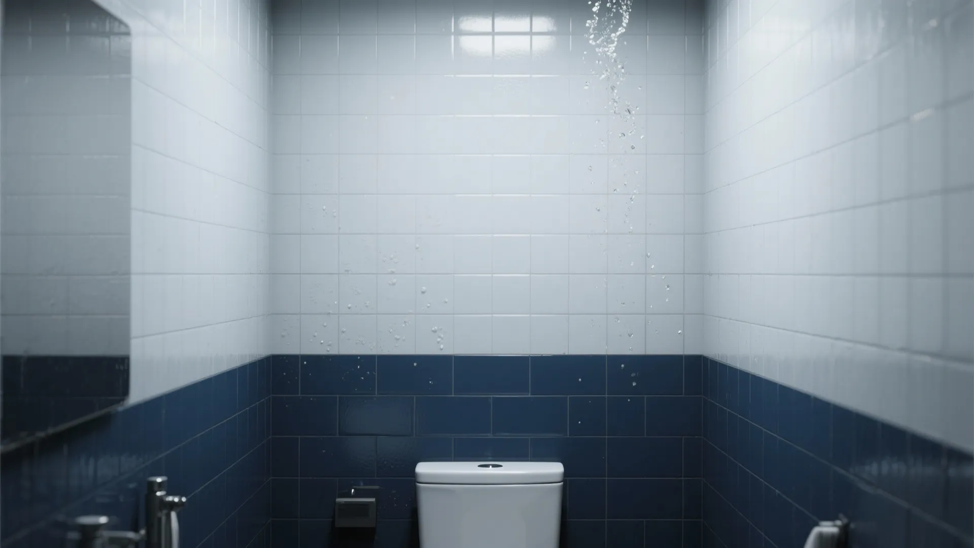 Two tone bathroom with white upper tiles and navy blue lower tiles behind a white toilet