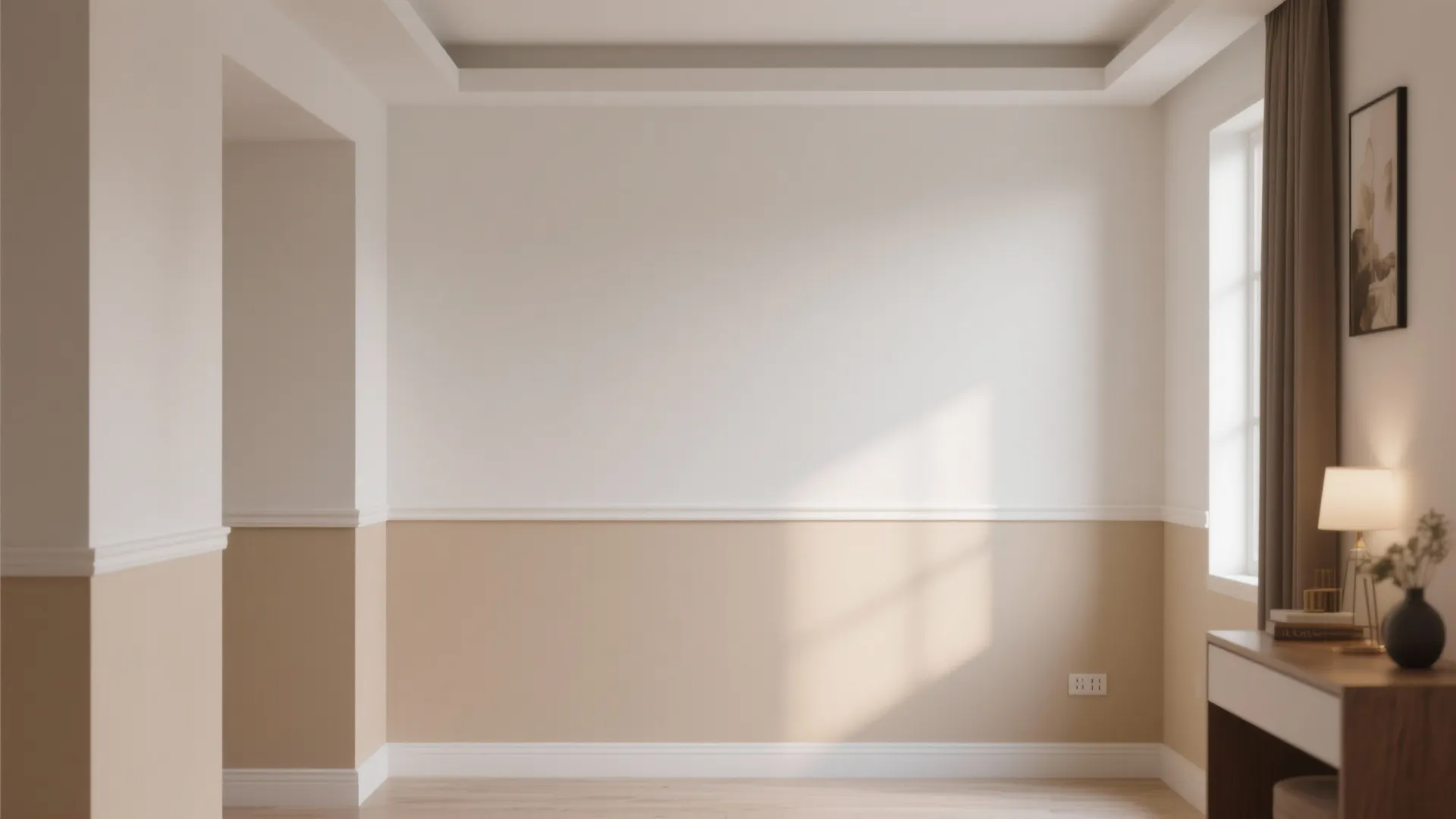 Empty room with two tone beige wall panel design desk table lamp and natural sunlight shadows