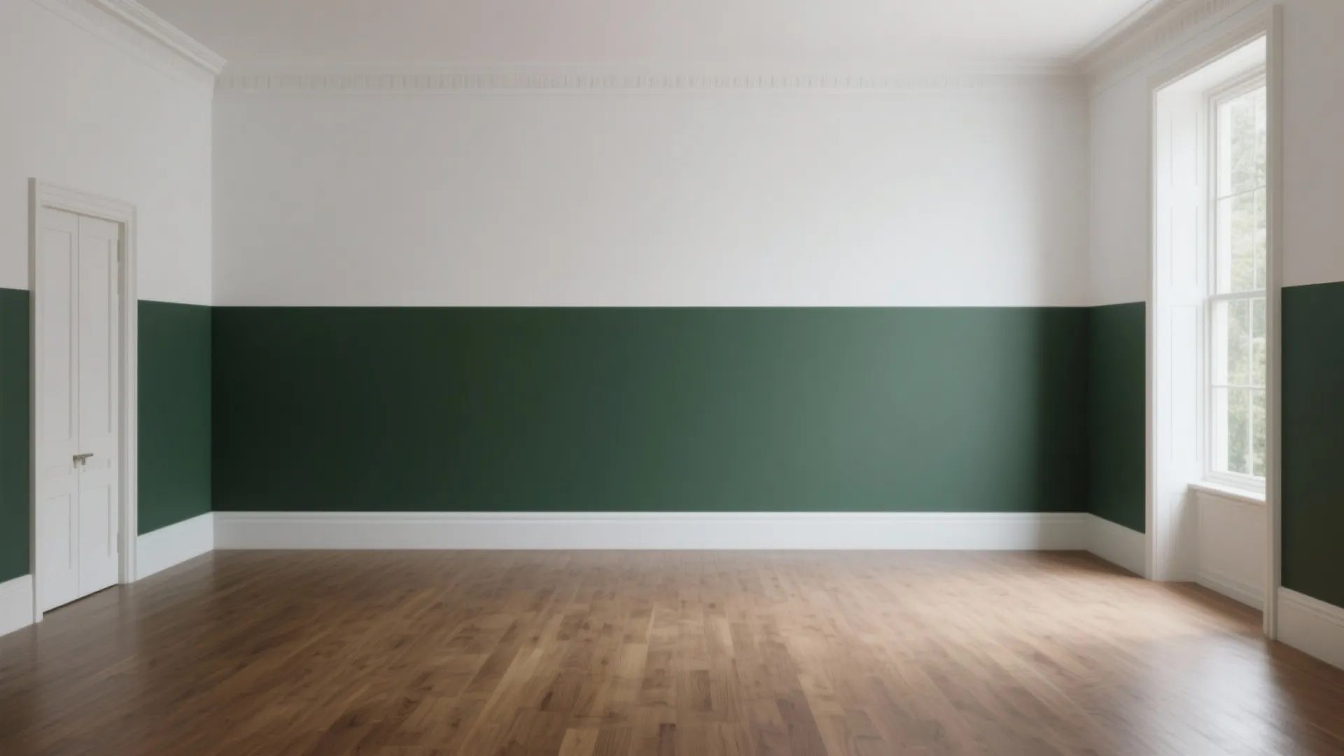 Tall drawing room with forest green and white two-tone wall paint