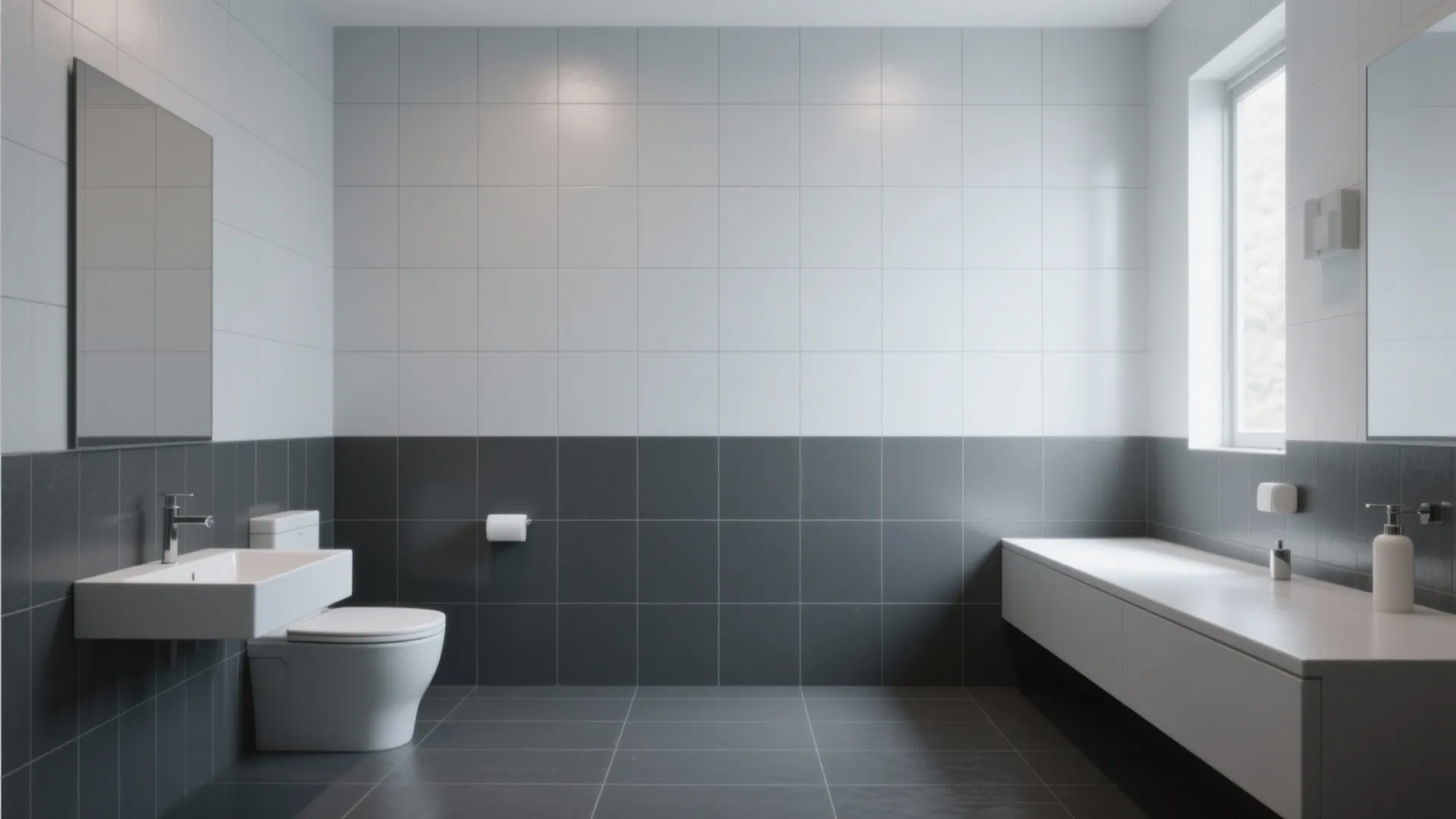 Minimalist bathroom featuring white and dark grey wall tiles with a white sink and toilet