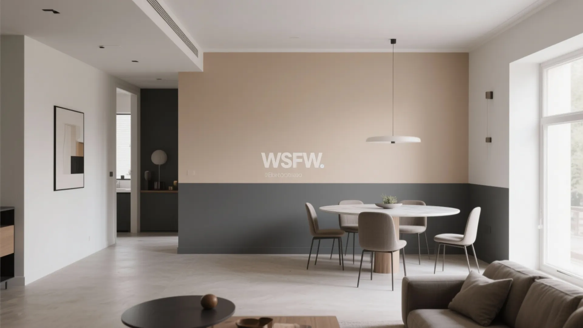 Living and dining area with tan and gray two-tone walls