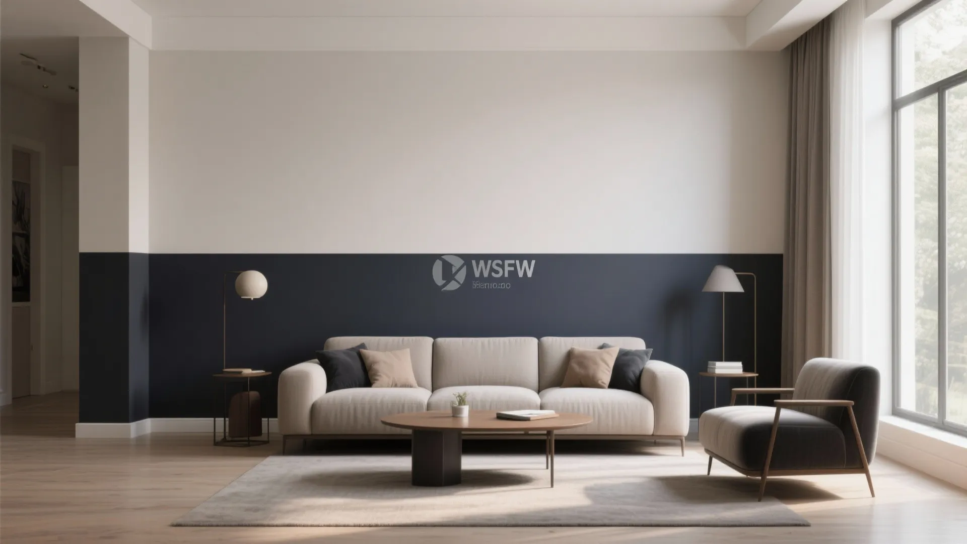 Two-tone painted living room wall with deep and light color split