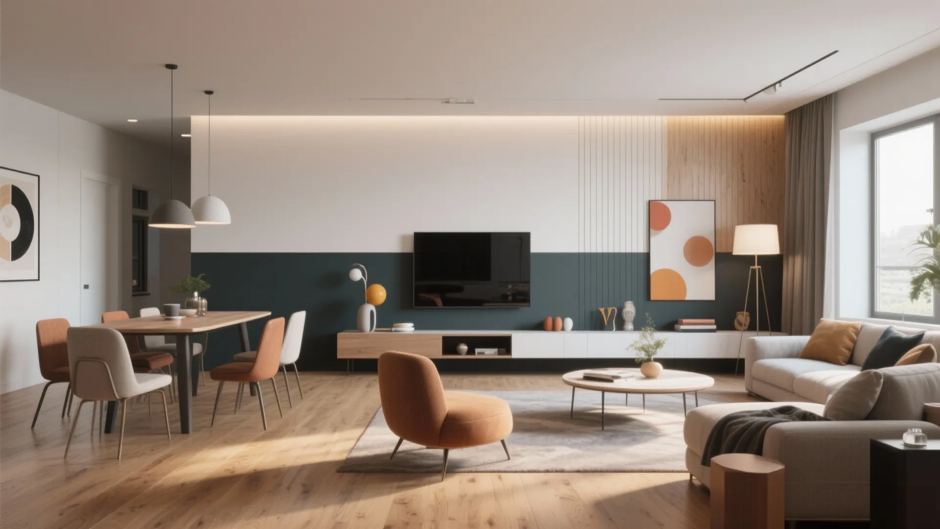 Two-tone walls in open-plan living-dining space