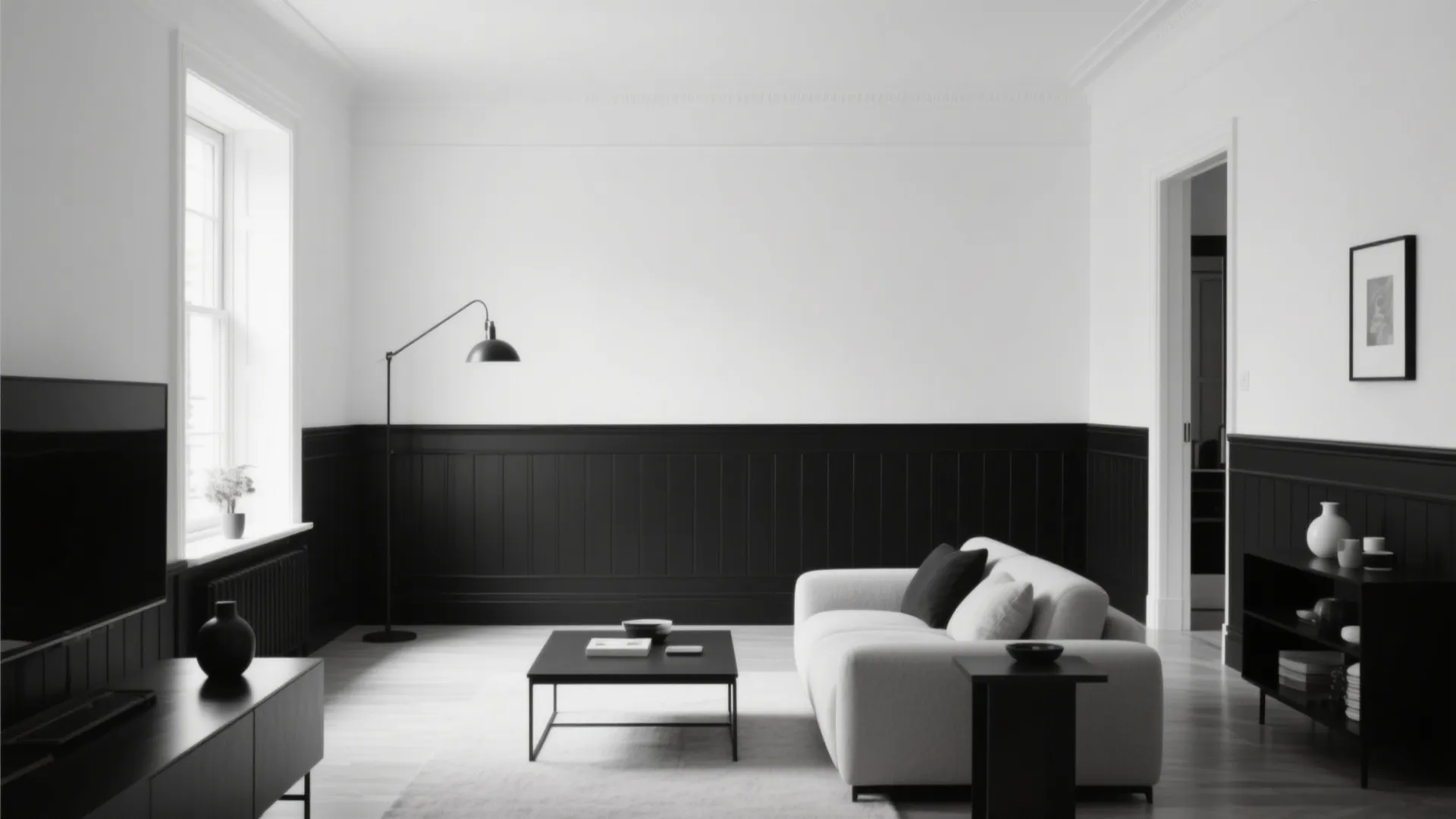 Small living room with white upper walls and black lower panels