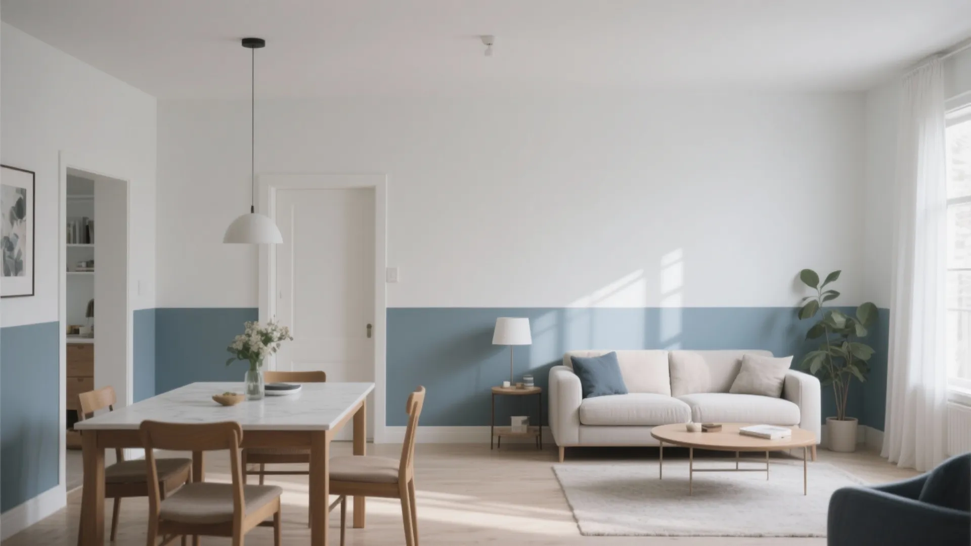 Minimalist room featuring two-tone blue and white walls, white sofa, wooden dining table, and potted plant