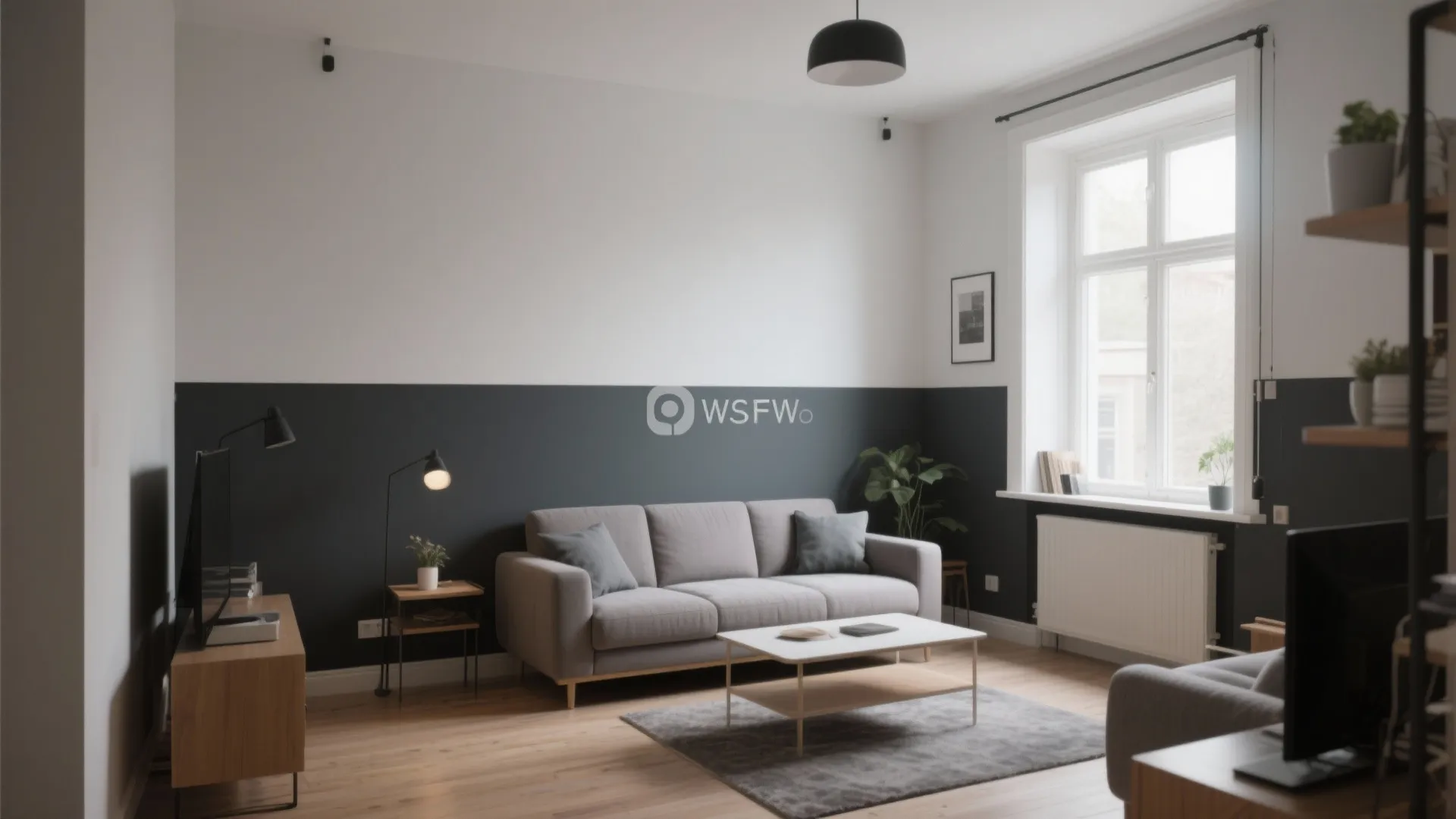 Modern living room with two-tone grey and white walls, grey sofa, coffee table, and rug