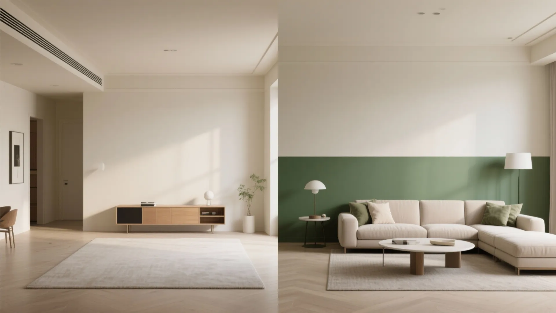 Living room before and after two-tone green and cream walls
