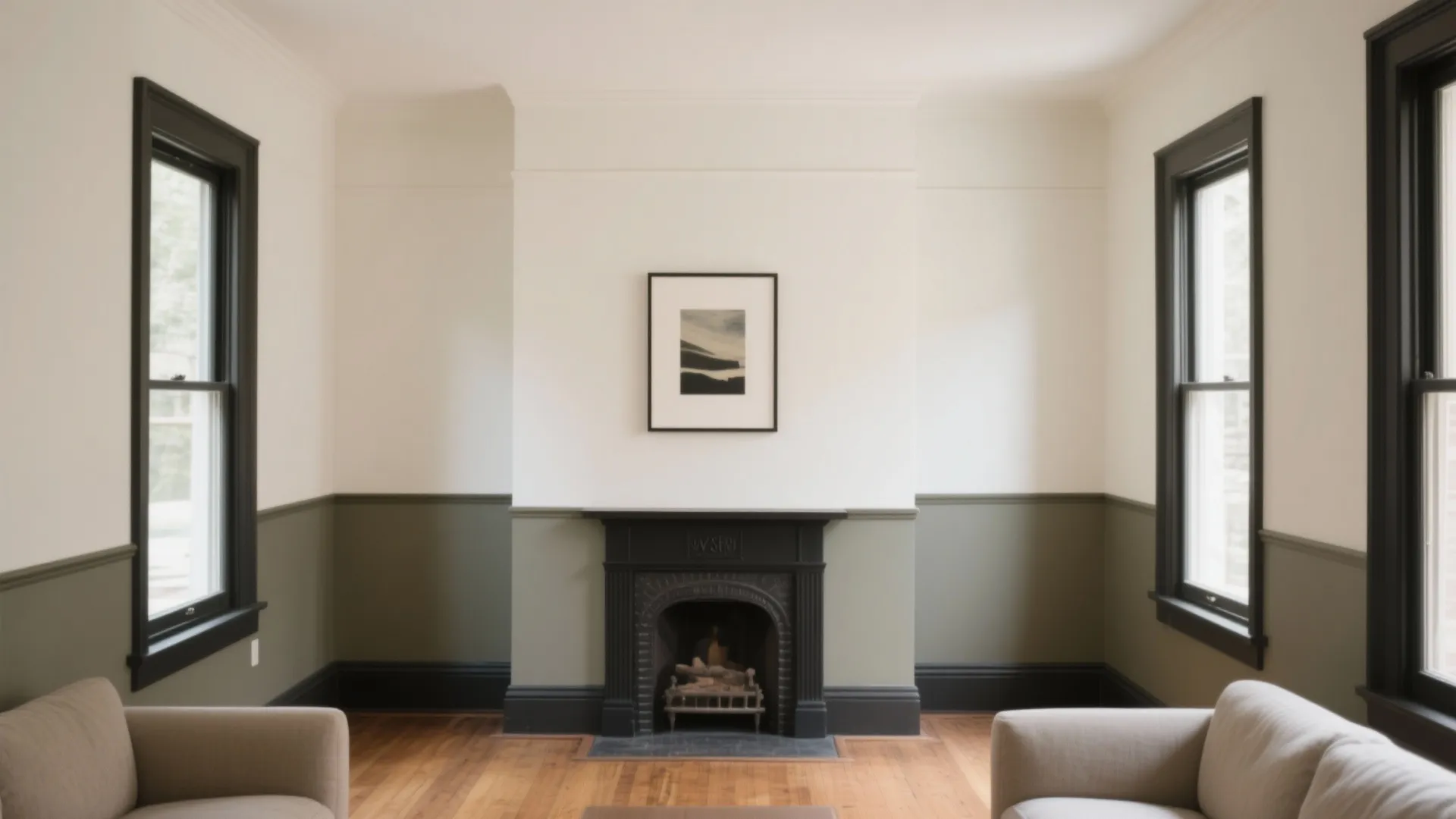Living room with white and green wall panels, black fireplace, wooden floor, and two windows
