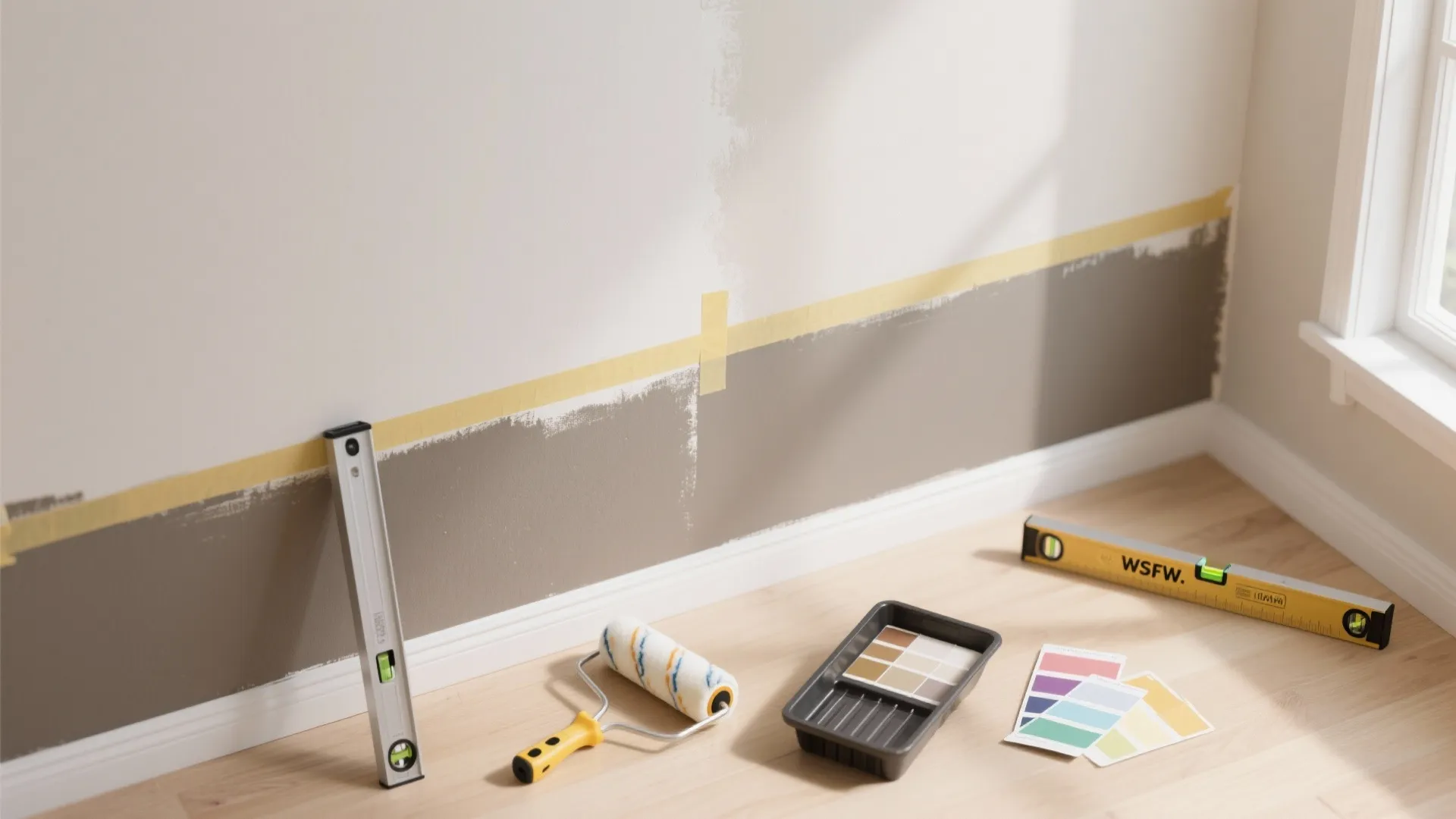 Painting a wall with grey and white paint using tape paint roller and color swatches