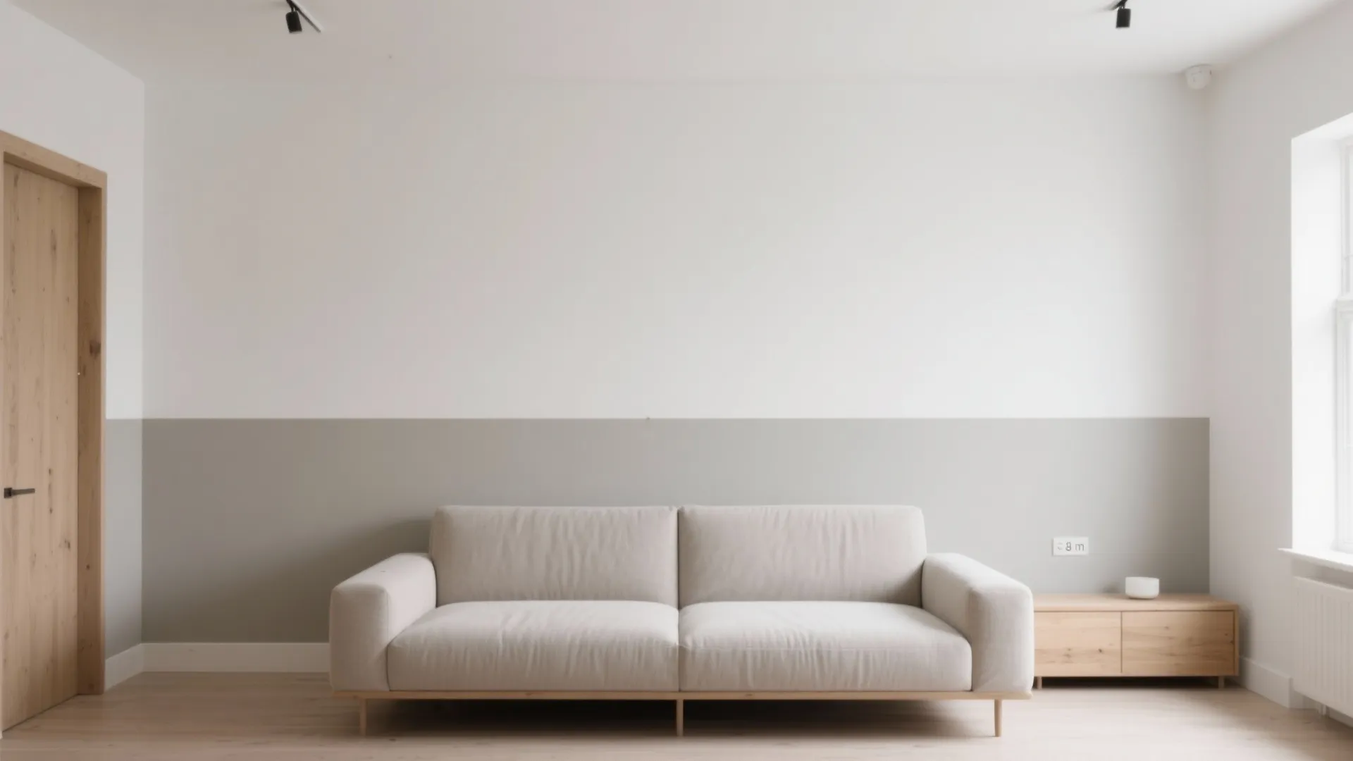 Modern living room featuring a cream sofa against two tone white and grey painted walls