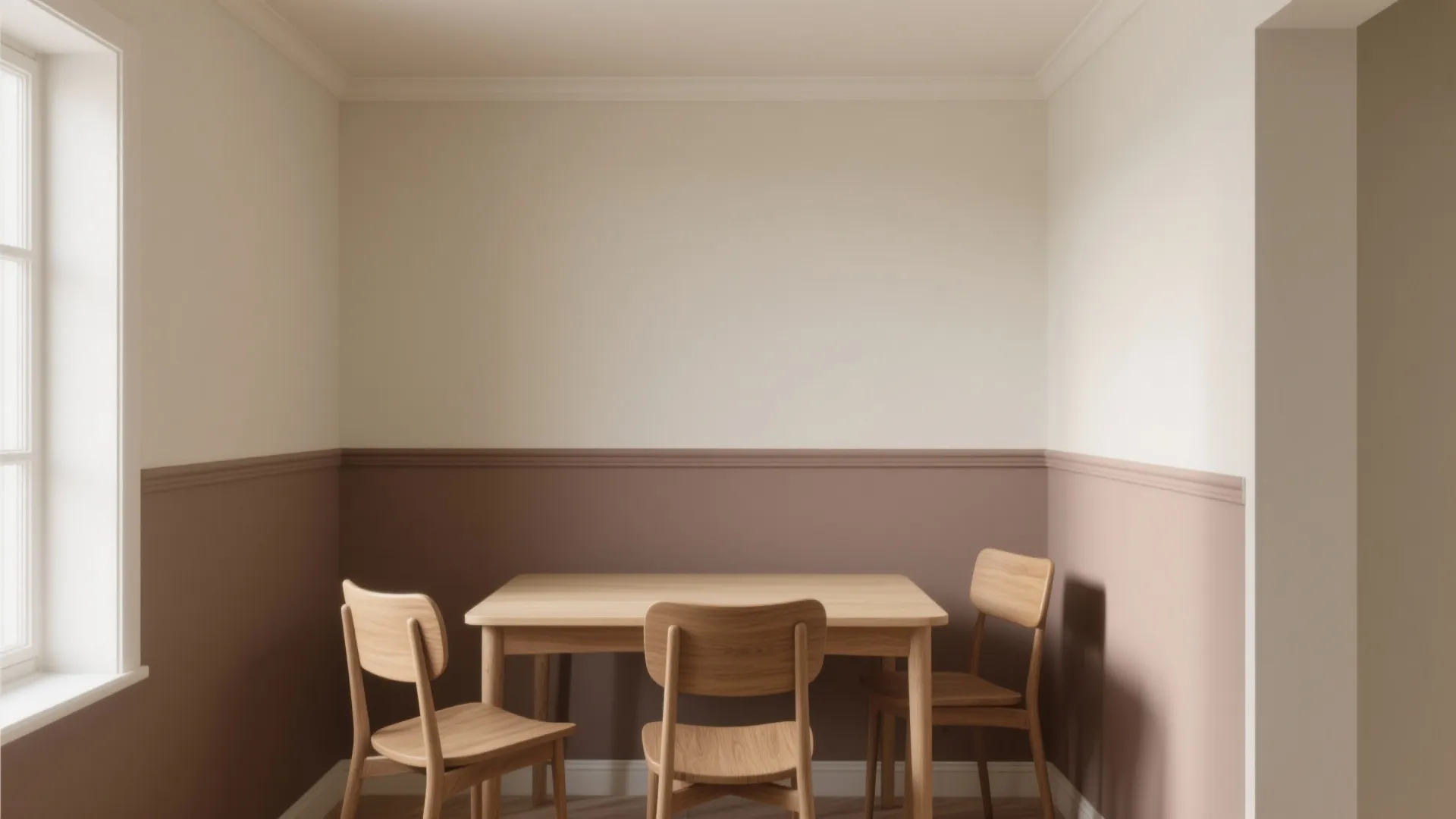 Dining room interior design showing two tone walls with wooden table and three matching chairs