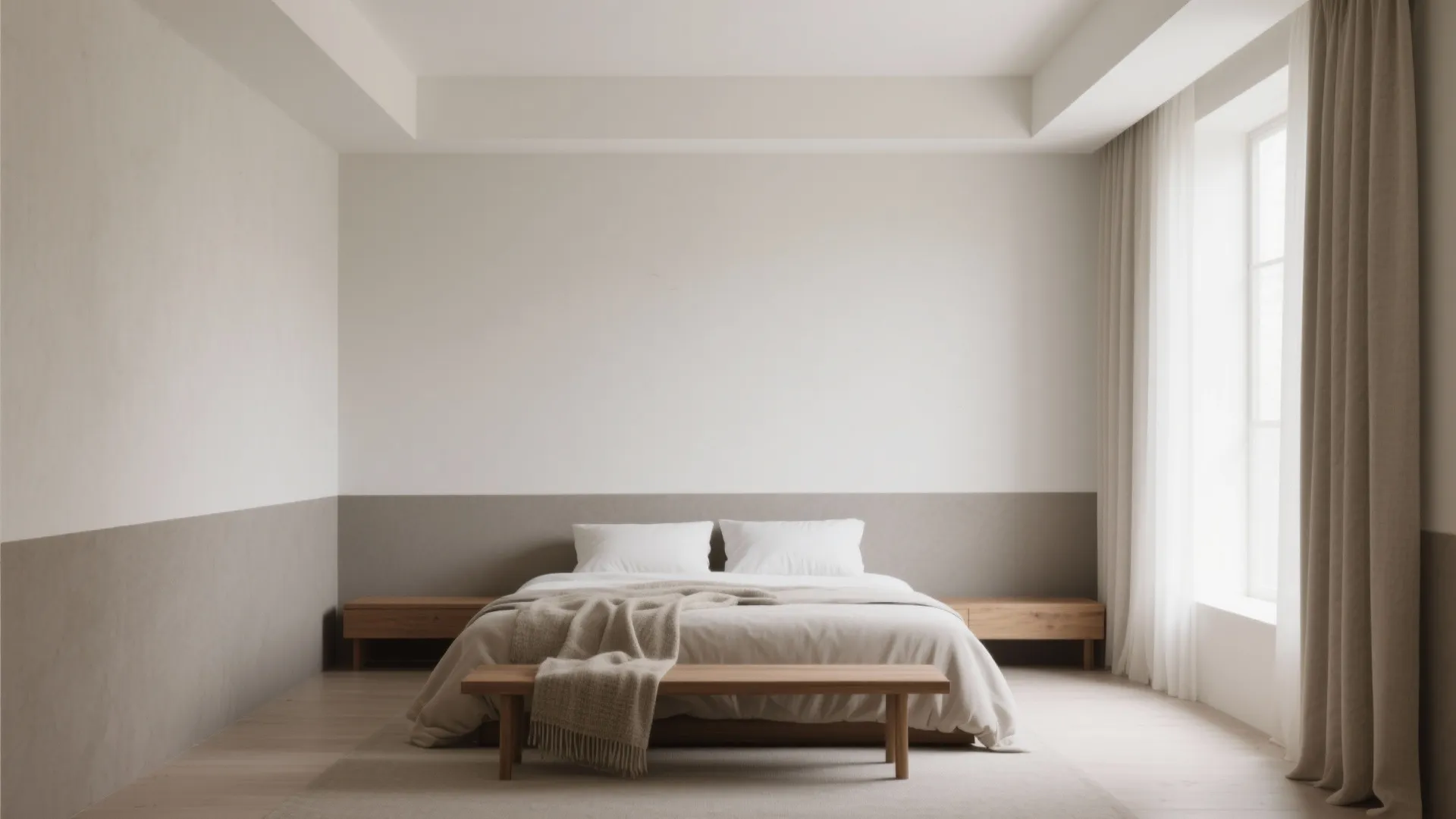 Modern bedroom with two tone wall panel design featuring wooden bench and light grey curtain