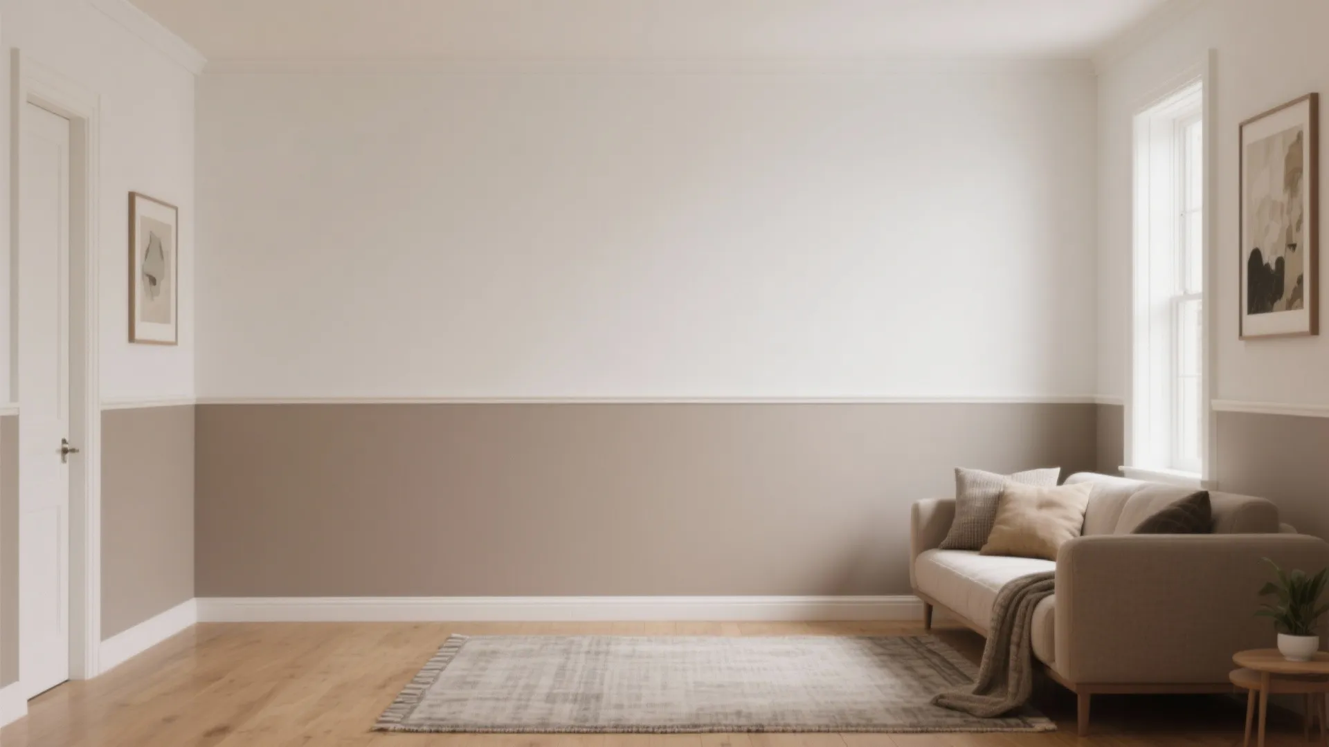 Minimalist living room with two tone white and beige walls wood flooring rug and cream sofa