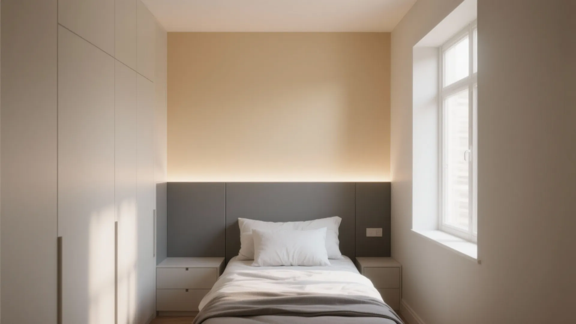 Small bedroom with two tone beige and grey walls white wardrobe single bed and natural light