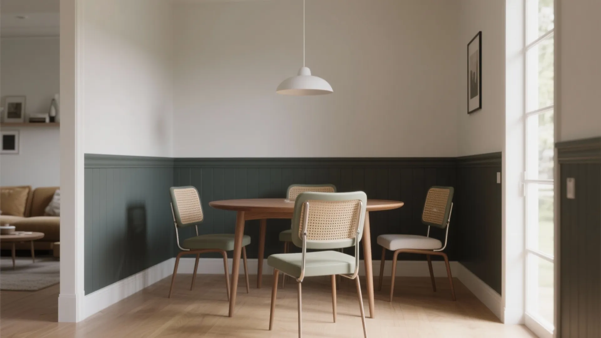 Open-plan dining nook with a darker lower wall and lighter upper paint, anchoring the seating area.