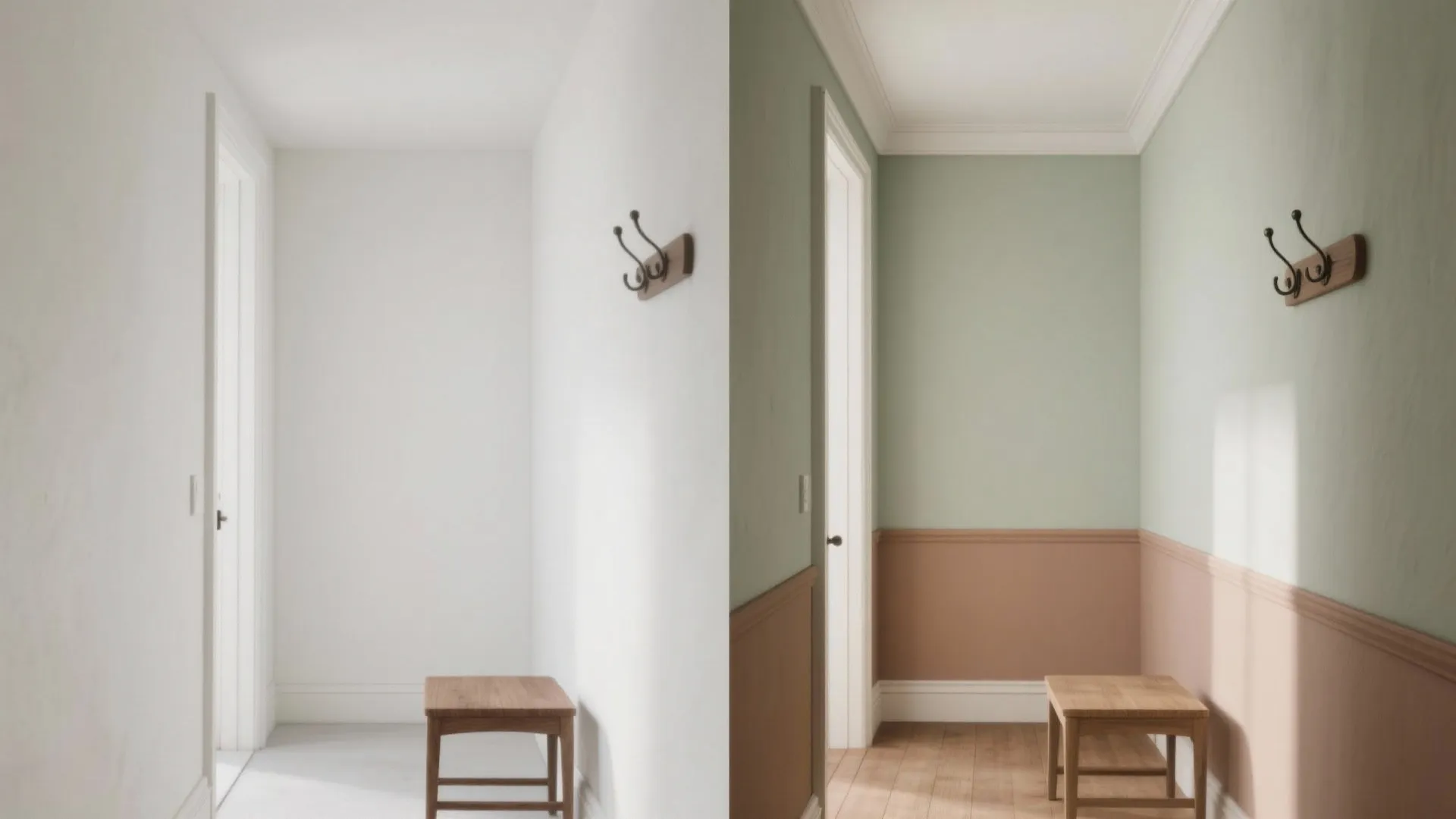 Before and after comparison of white hallway versus green walls with pink wall panel and stool