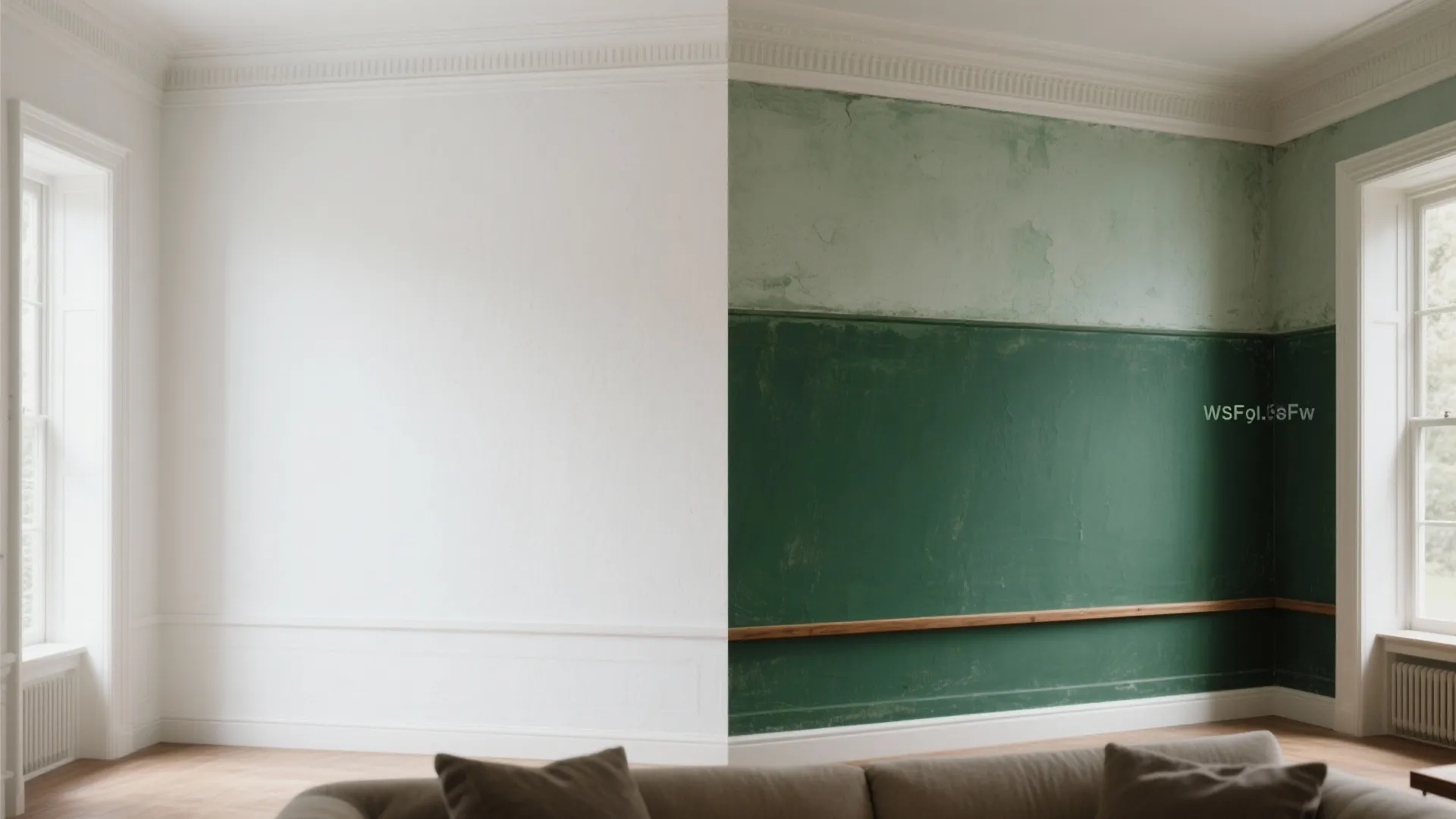 Two-tone walls, picture rails, and molding to humanize scale