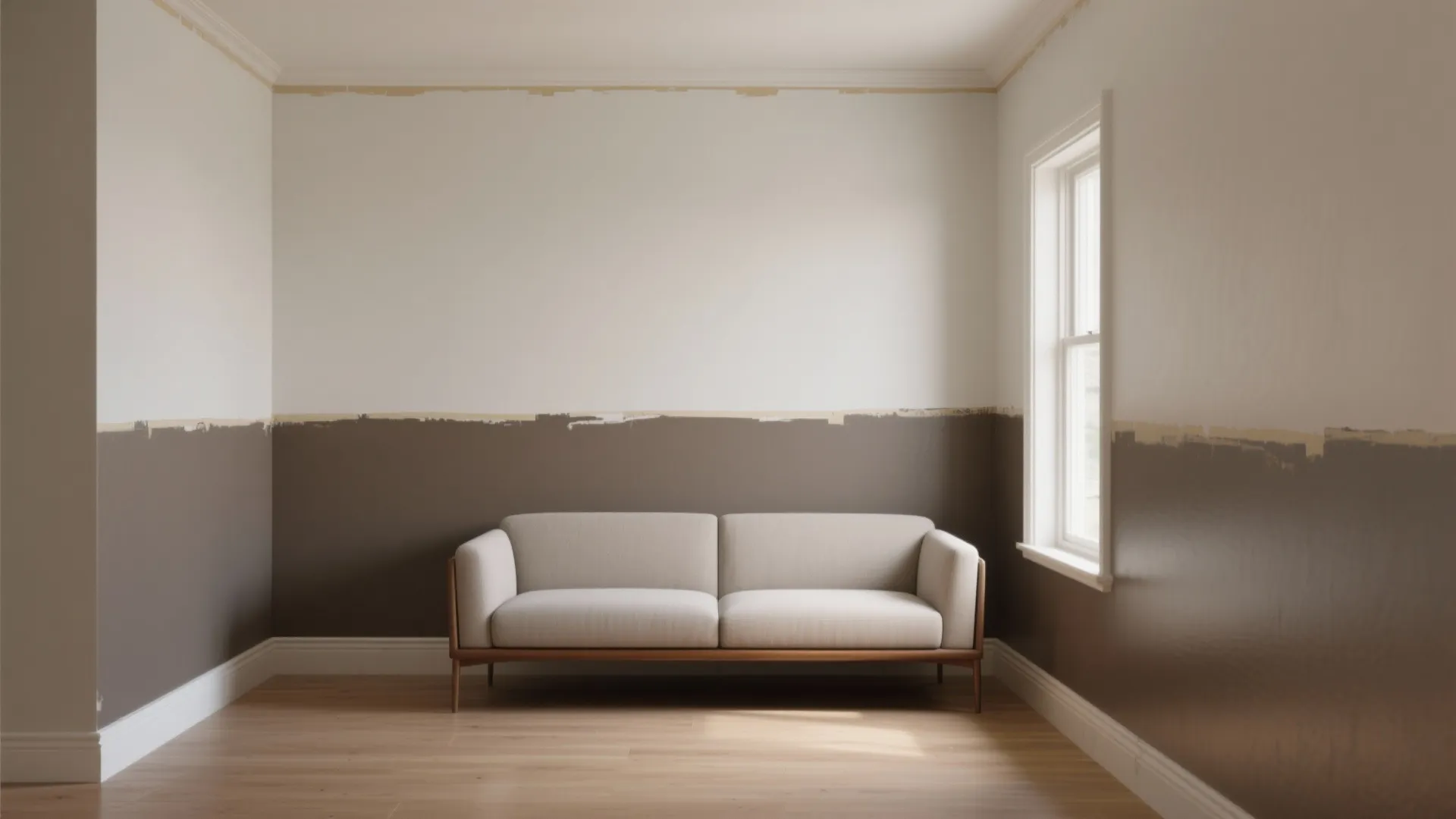 Minimalist living room with brown and white two-tone painted wall and simple beige fabric sofa