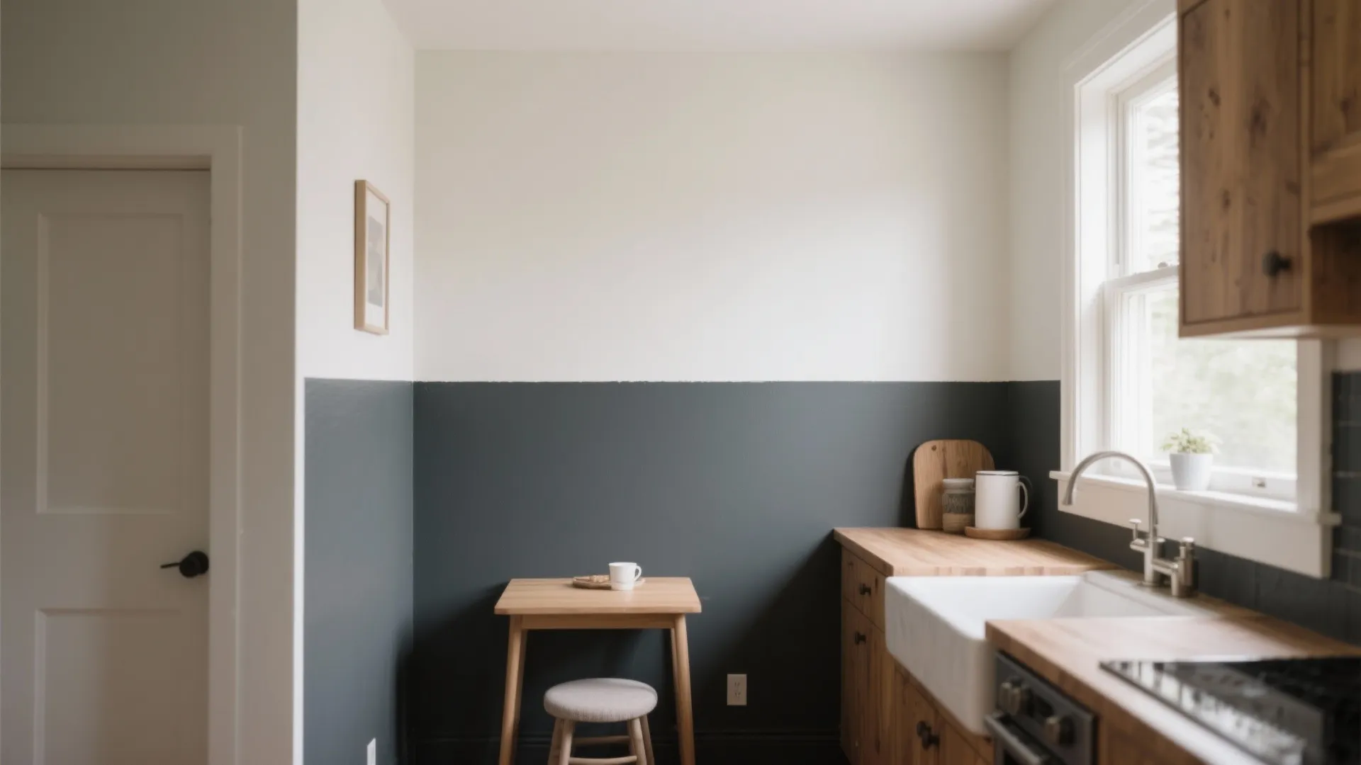 Small kitchen showing two-tone walls with darker lower section and lighter upper section to create depth.
