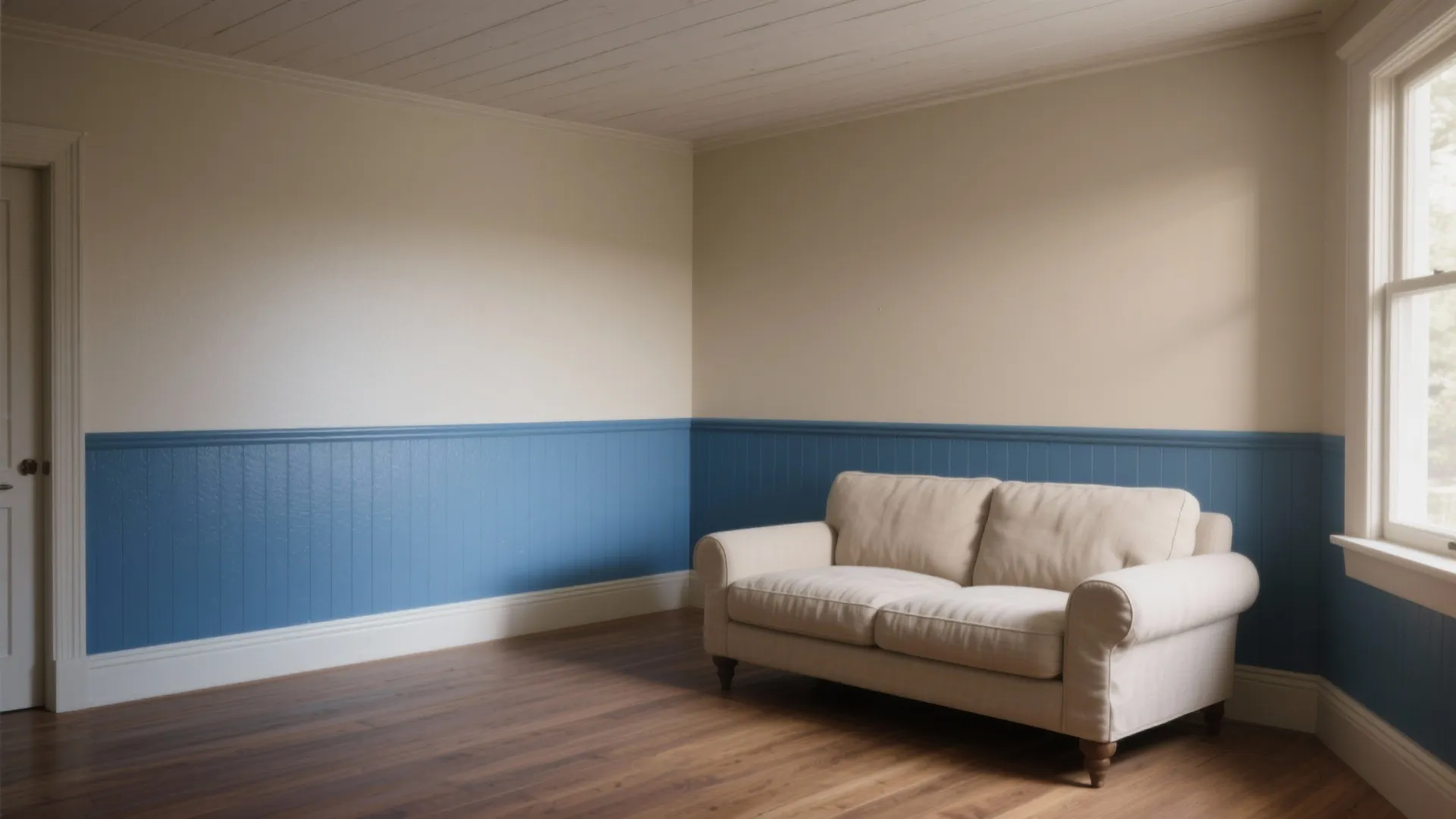 Living room with blue wall panel design creamy white walls light sofa and wood floor
