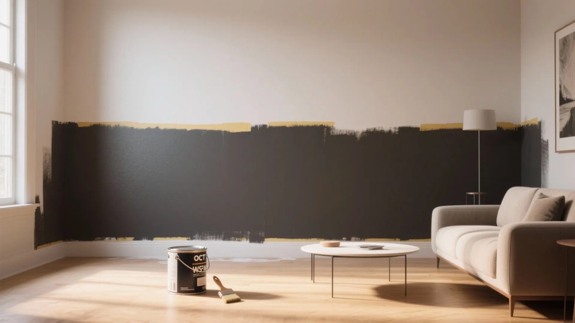 Living room with a half painted dark wall featuring a paint can and a brush