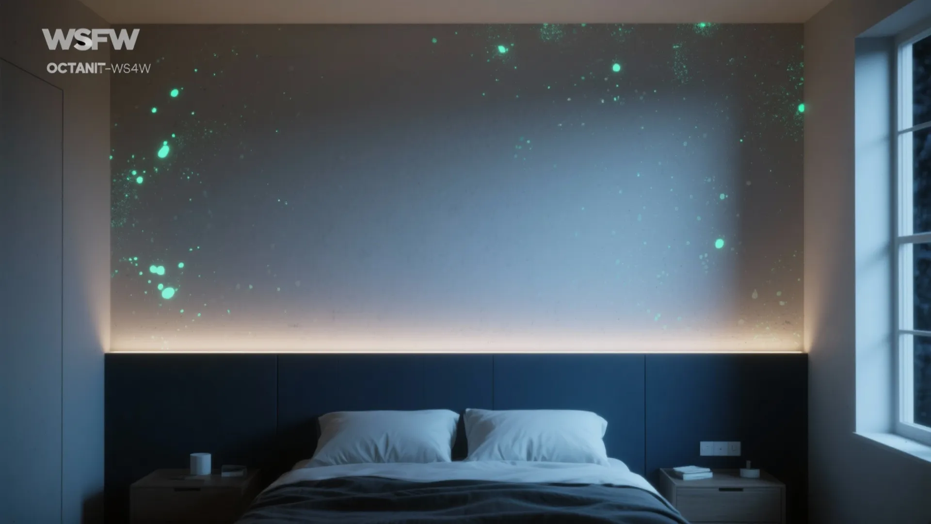 Modern bedroom with dark blue wall panel and glowing green paint spots on a grey wall