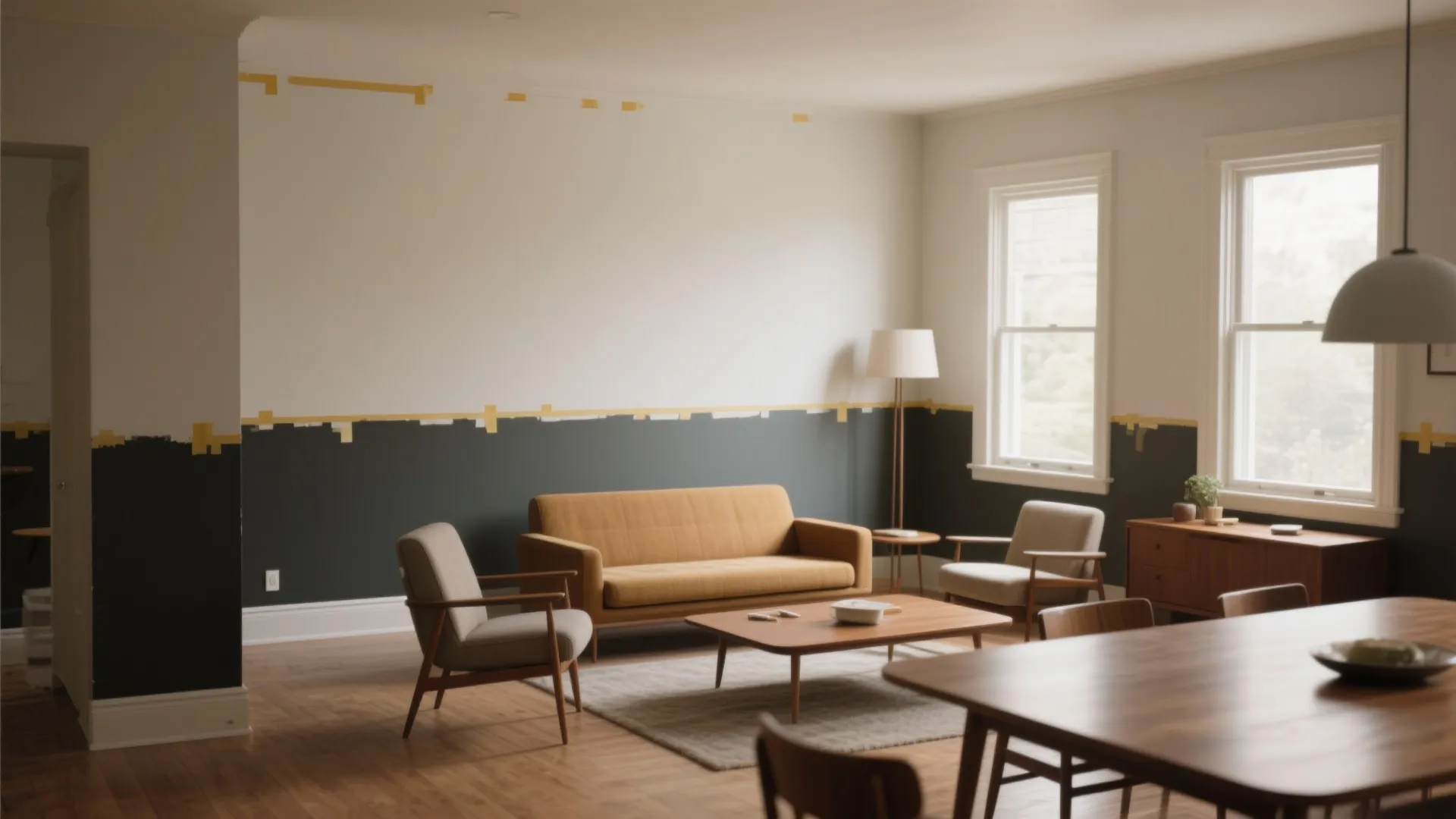 Living room with two tone white and dark green walls yellow sofa and mid century furniture