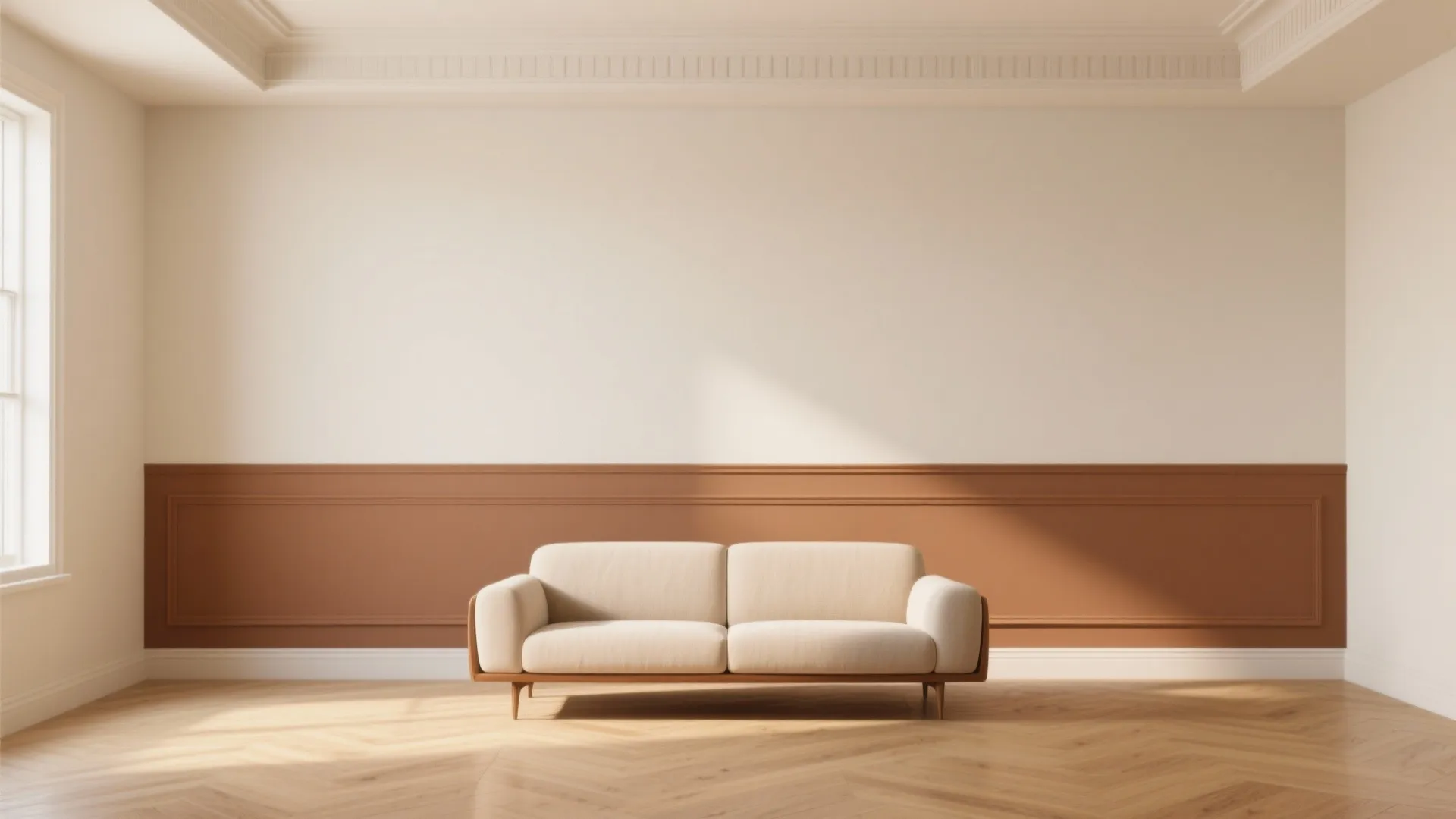 Modern living room featuring cream sofa wooden floor white walls and brown wall panel design