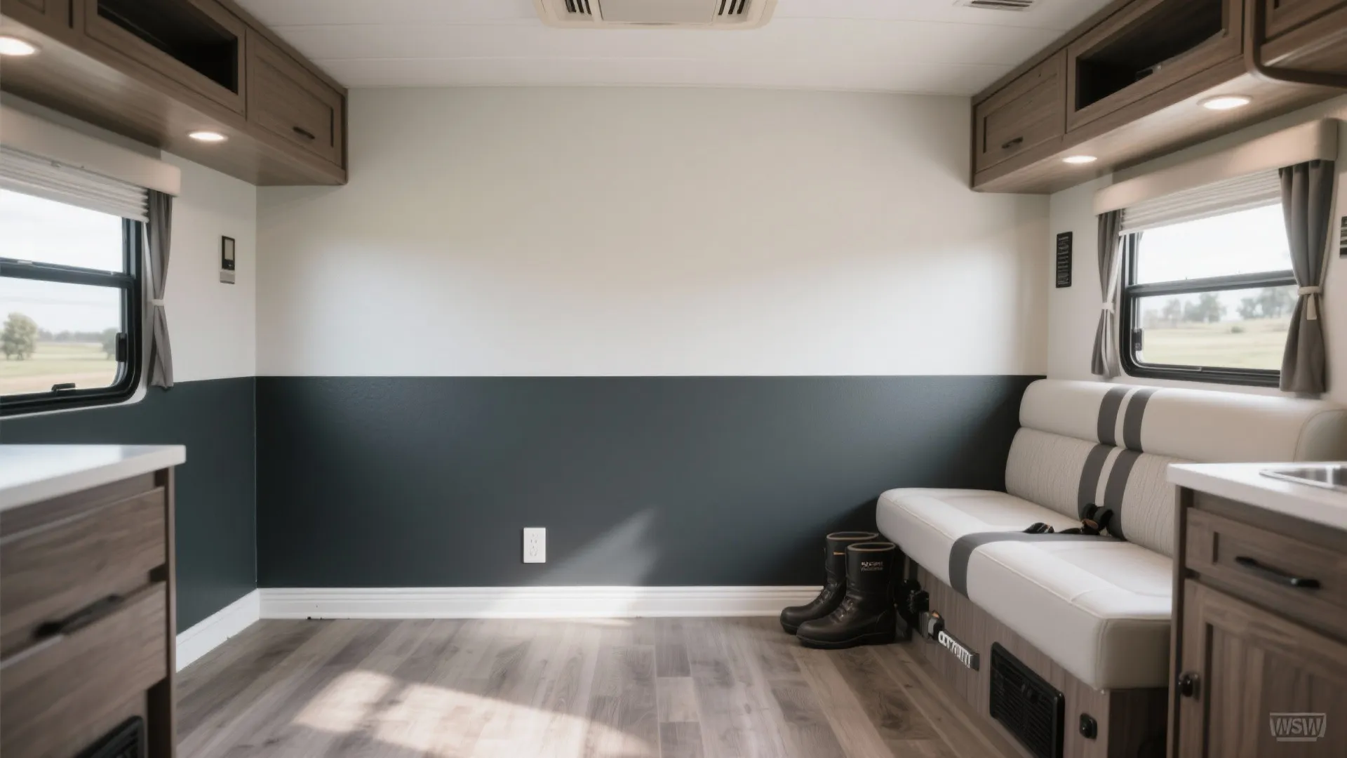 Modern camper van interior featuring white and dark grey two-tone walls with wooden storage cabinets