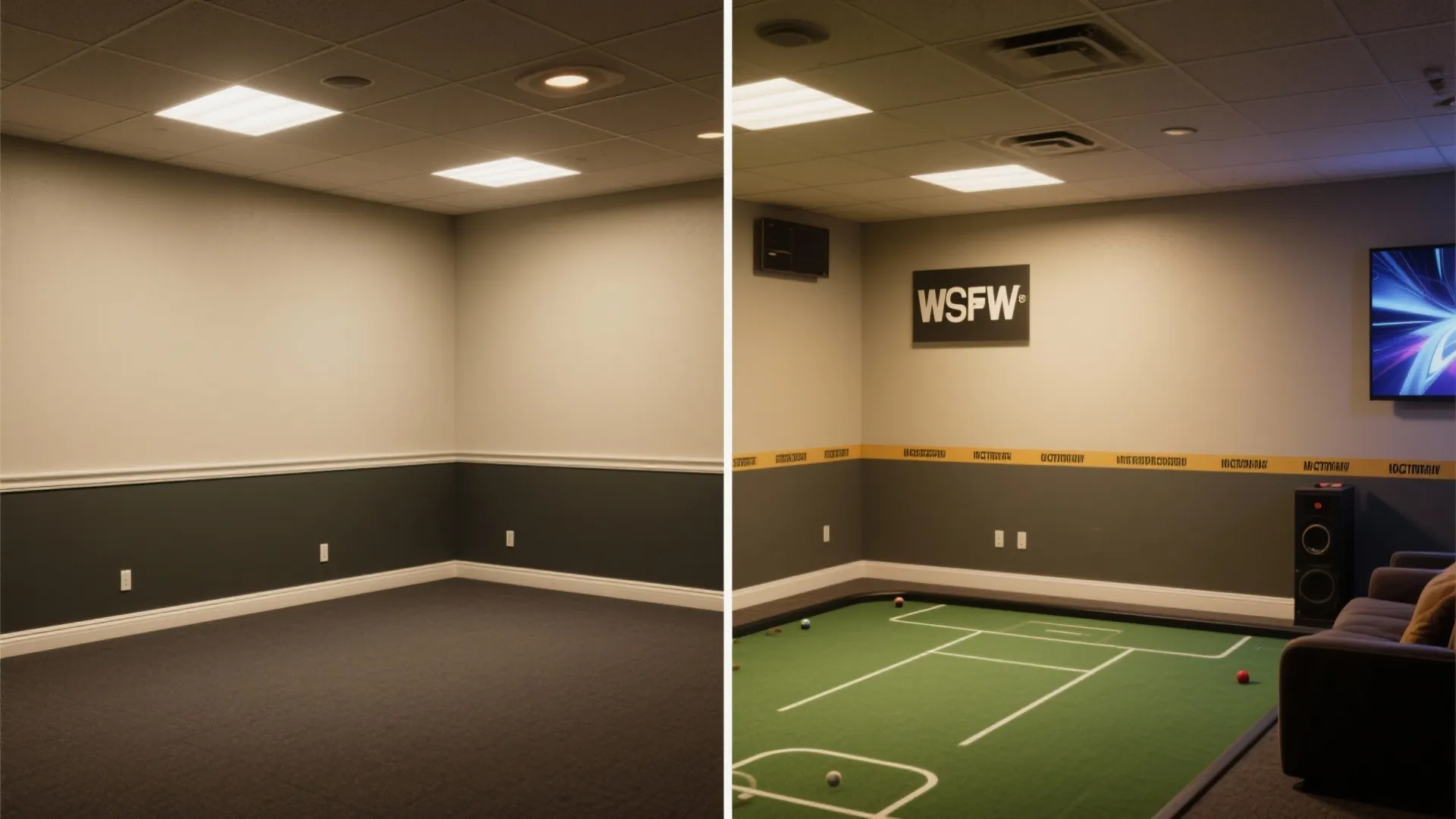 Before and after comparison showing empty grey room converted into indoor sports area with sofa
