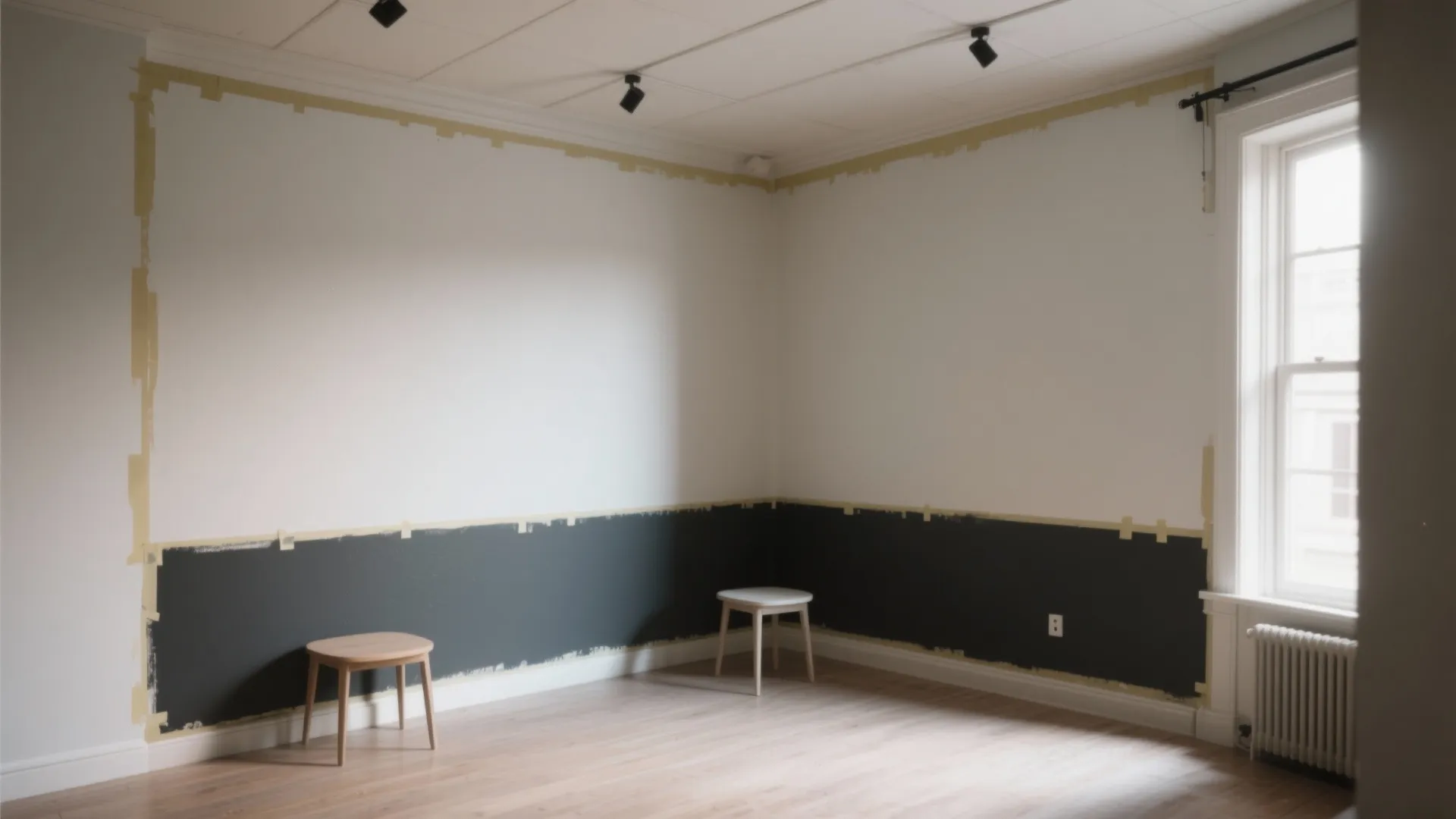 Empty room with two-tone walls painting project showing dark grey bottom half and white top