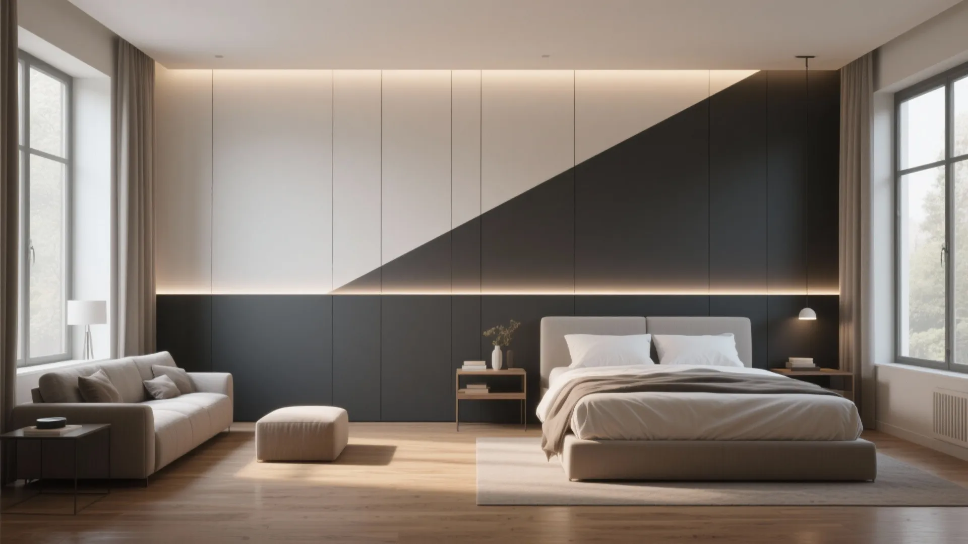 Modern bedroom with two-tone black and white wall panel, large bed, sofa, and natural lighting