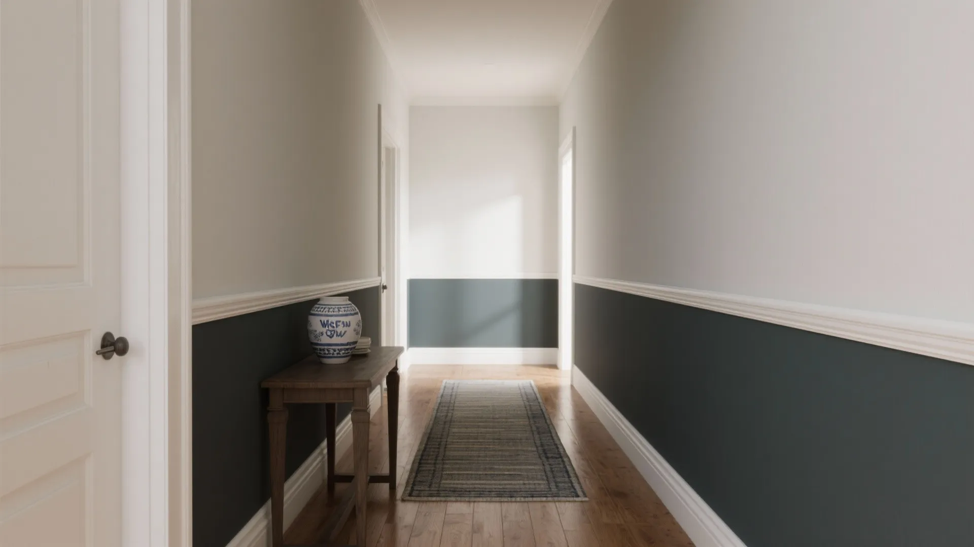 Narrow hallway with darker lower wall and lighter upper wall separated by a crisp painted line.