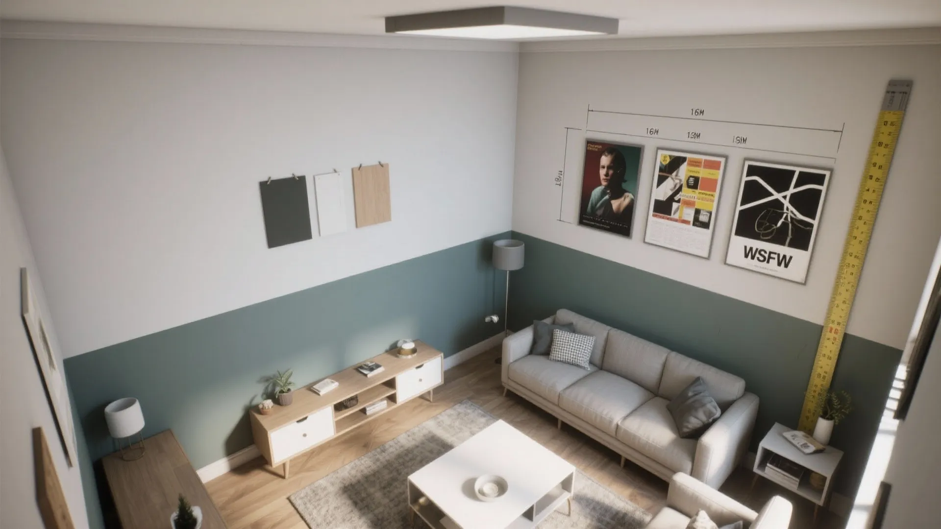 Modern living room with white and green walls, grey sofa, white coffee table, and cabinet