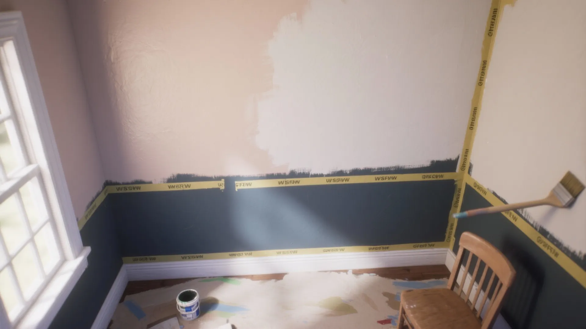 Painting process showing two tone walls with yellow tape paint bucket wooden chair and white window