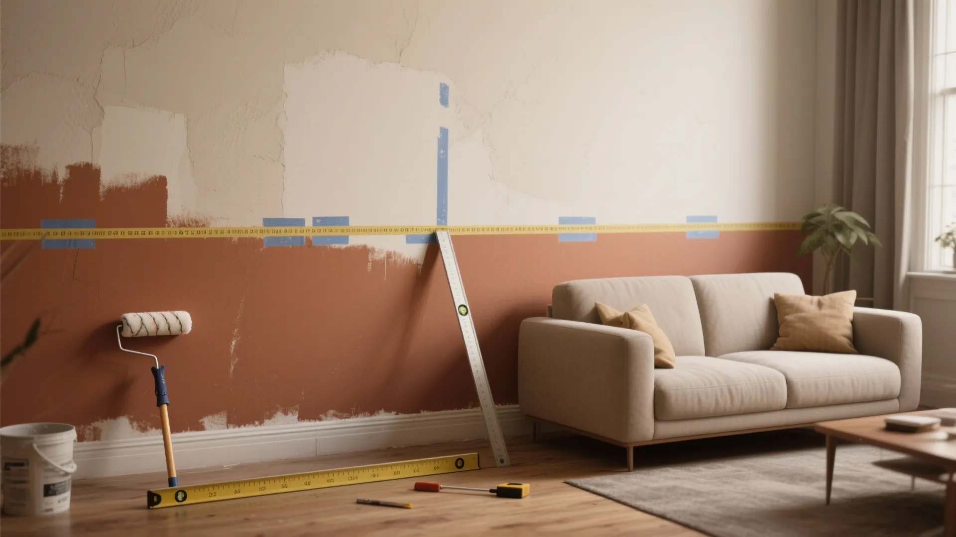 Painting a living room wall with terracotta and white colors using a roller and measuring tape