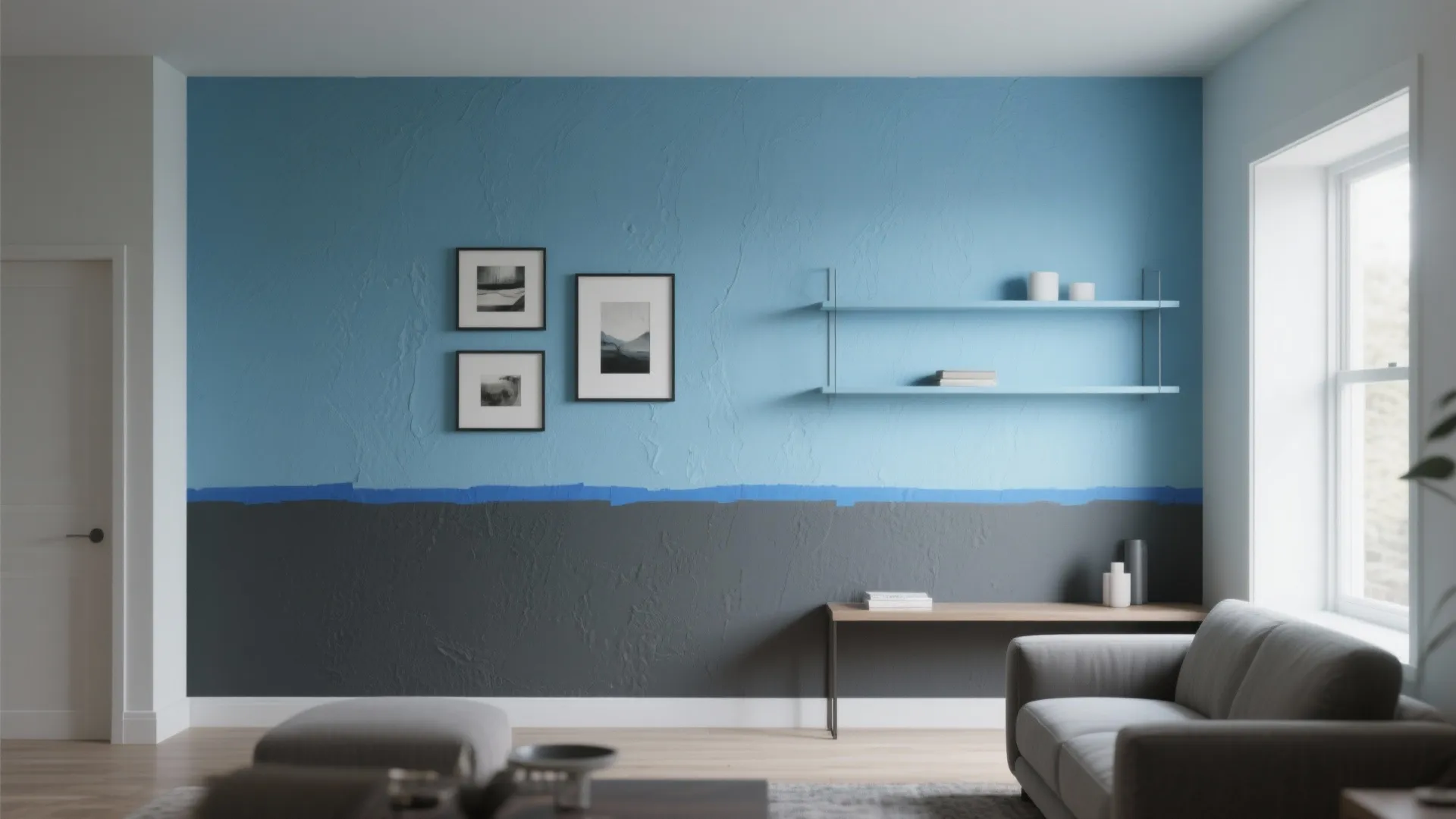 2. Two-Tone Walls: Dark Grey Base, Blue Accent Band