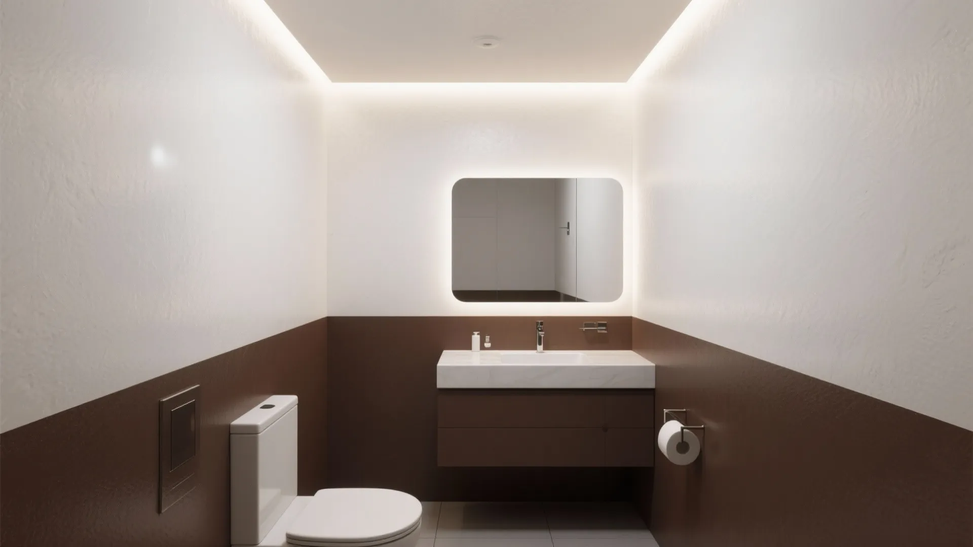 Modern bathroom with two tone walls featuring a white toilet vanity sink and backlit mirror