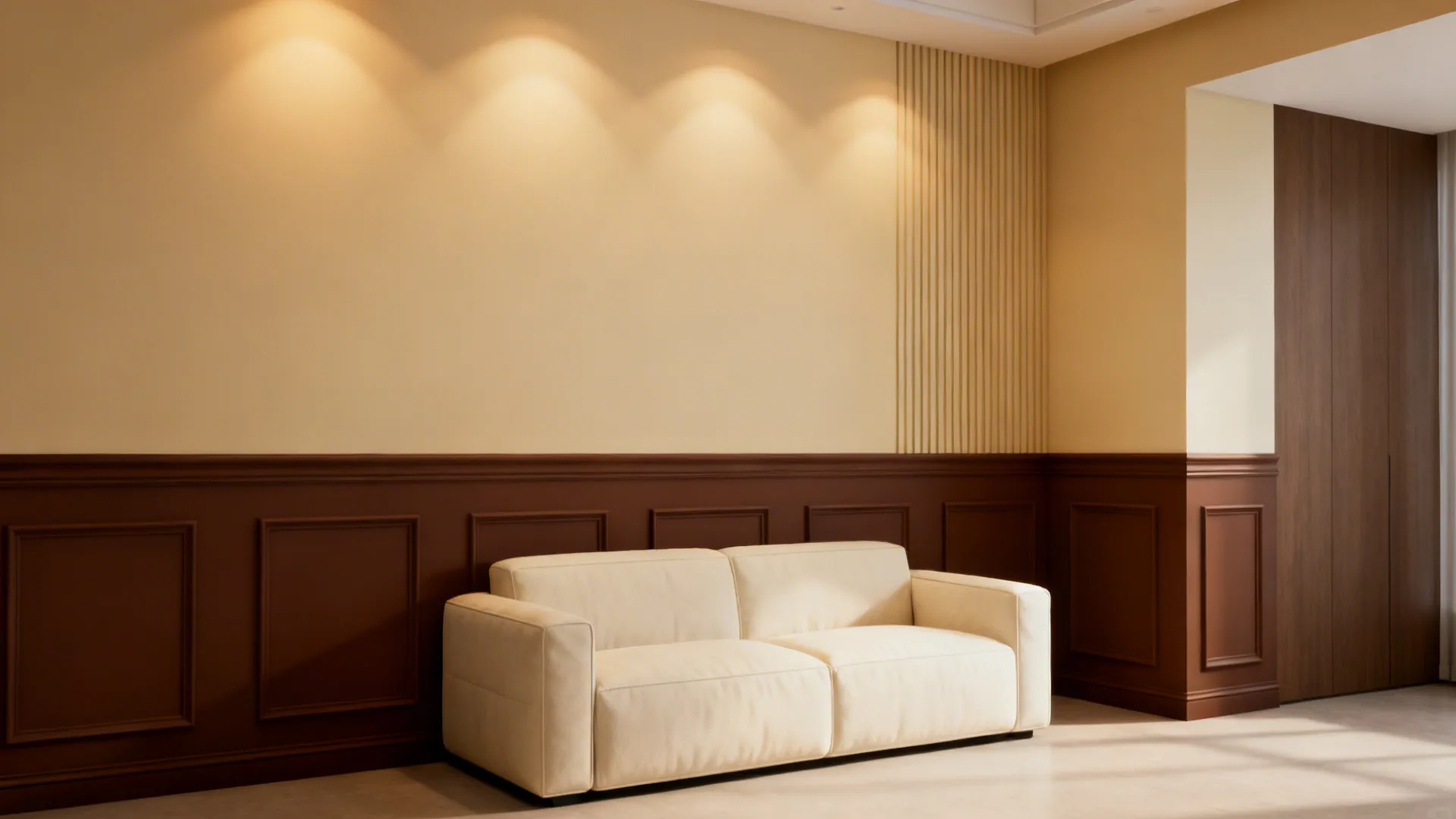 Small living room with brown wainscoting and cream upper walls, cream sofa and molding detail.