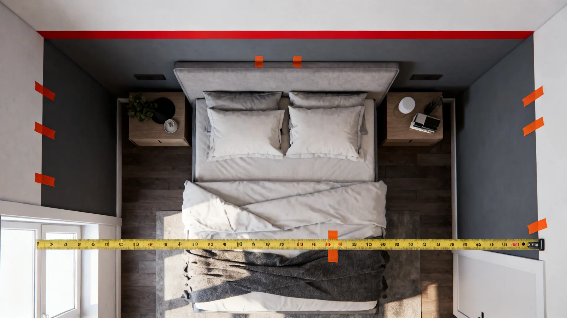 Top-down view of a small bedroom with darker grey lower walls and a red stripe near the ceiling.