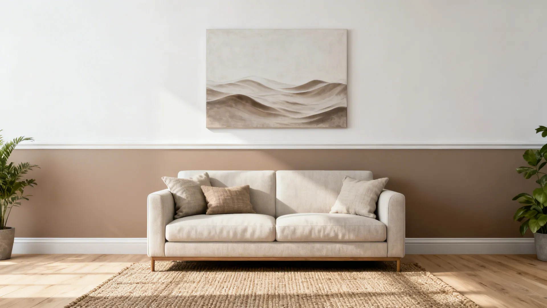 Two-tone living room wall with warm taupe base and soft white top, grounding the sofa area.